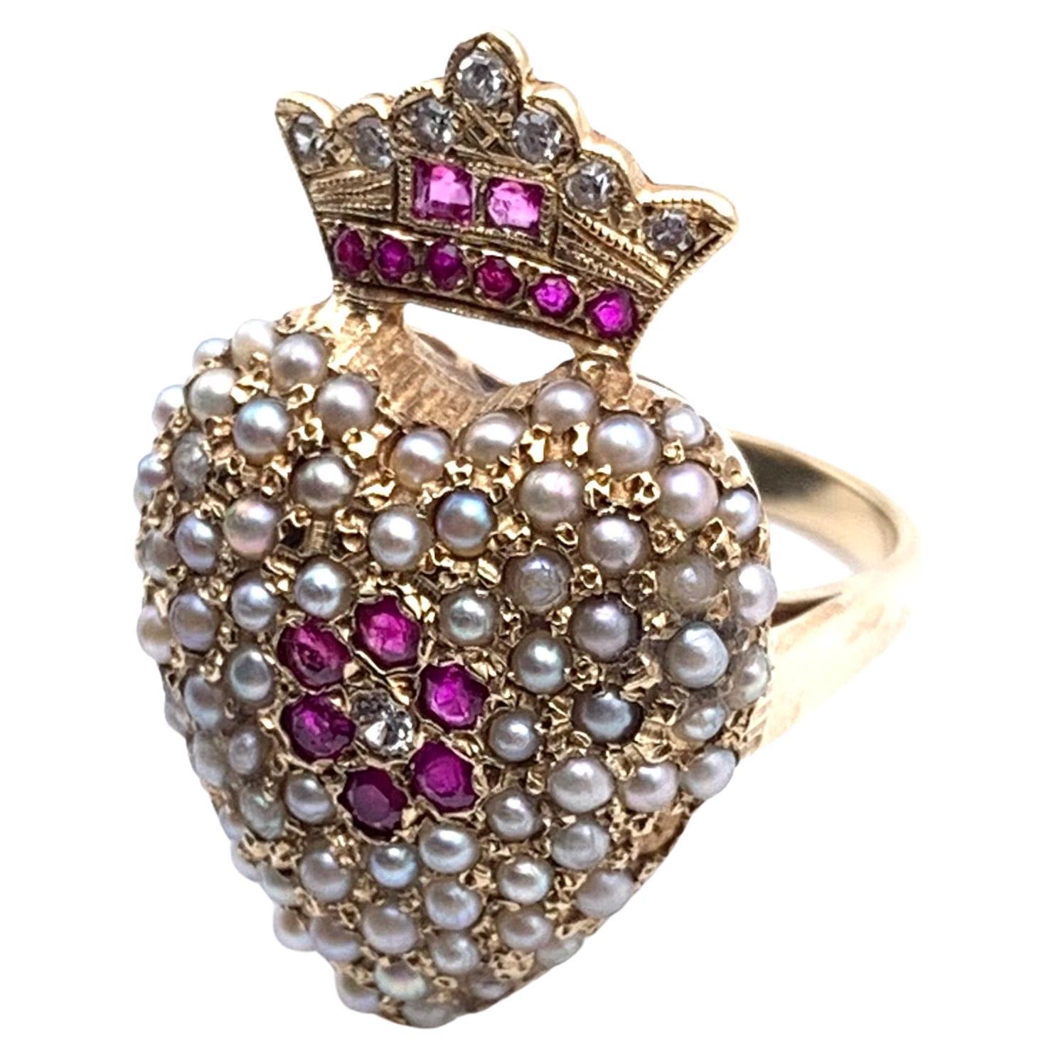 14KT Seed Pearl Ruby and Diamond Royal Heart Ring