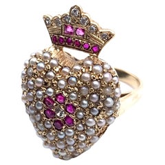 14KT Seed Pearl Ruby and Diamond Royal Heart Ring