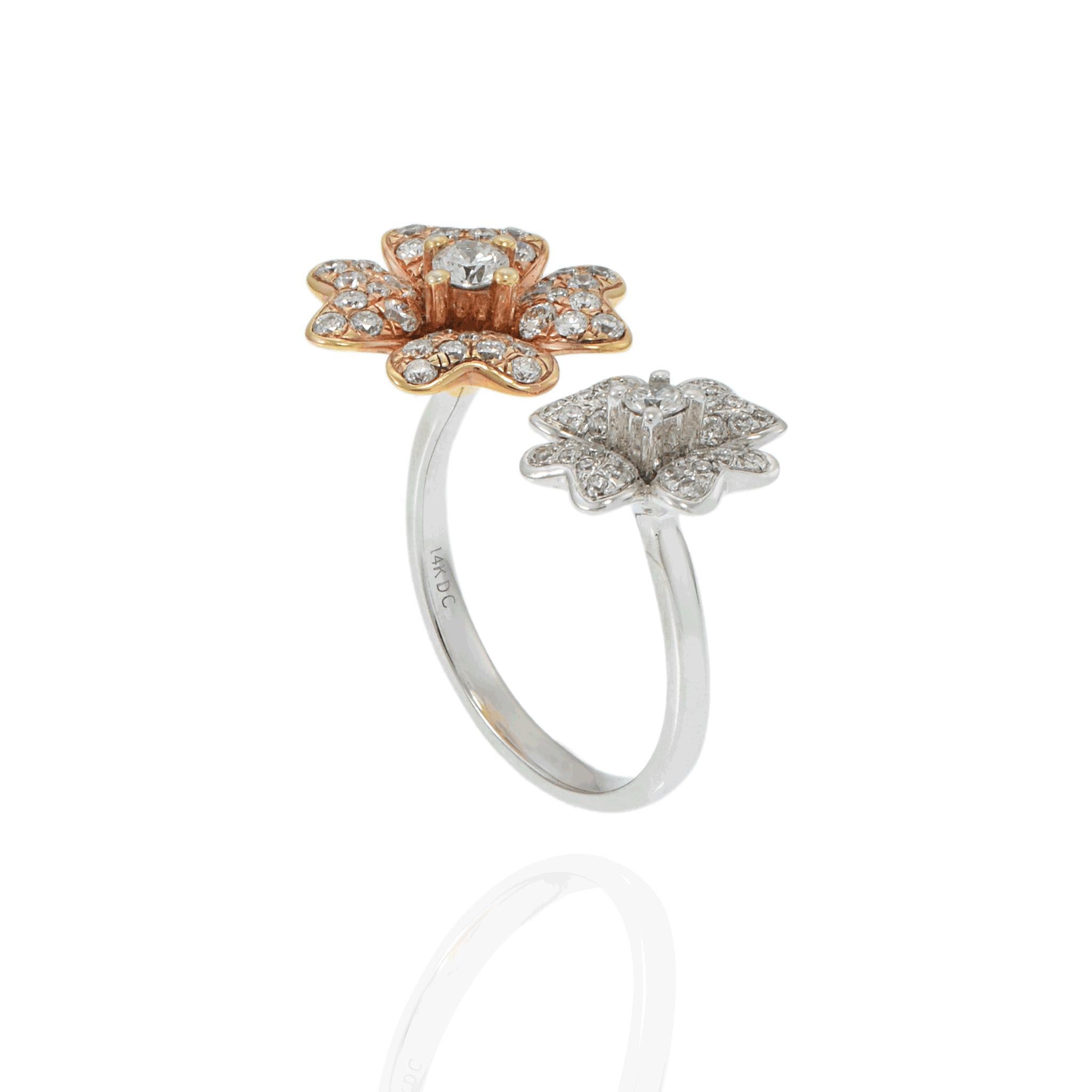 Taglio rotondo Anello con diamante a doppio fiore in oro bianco e rosa 14KT in vendita