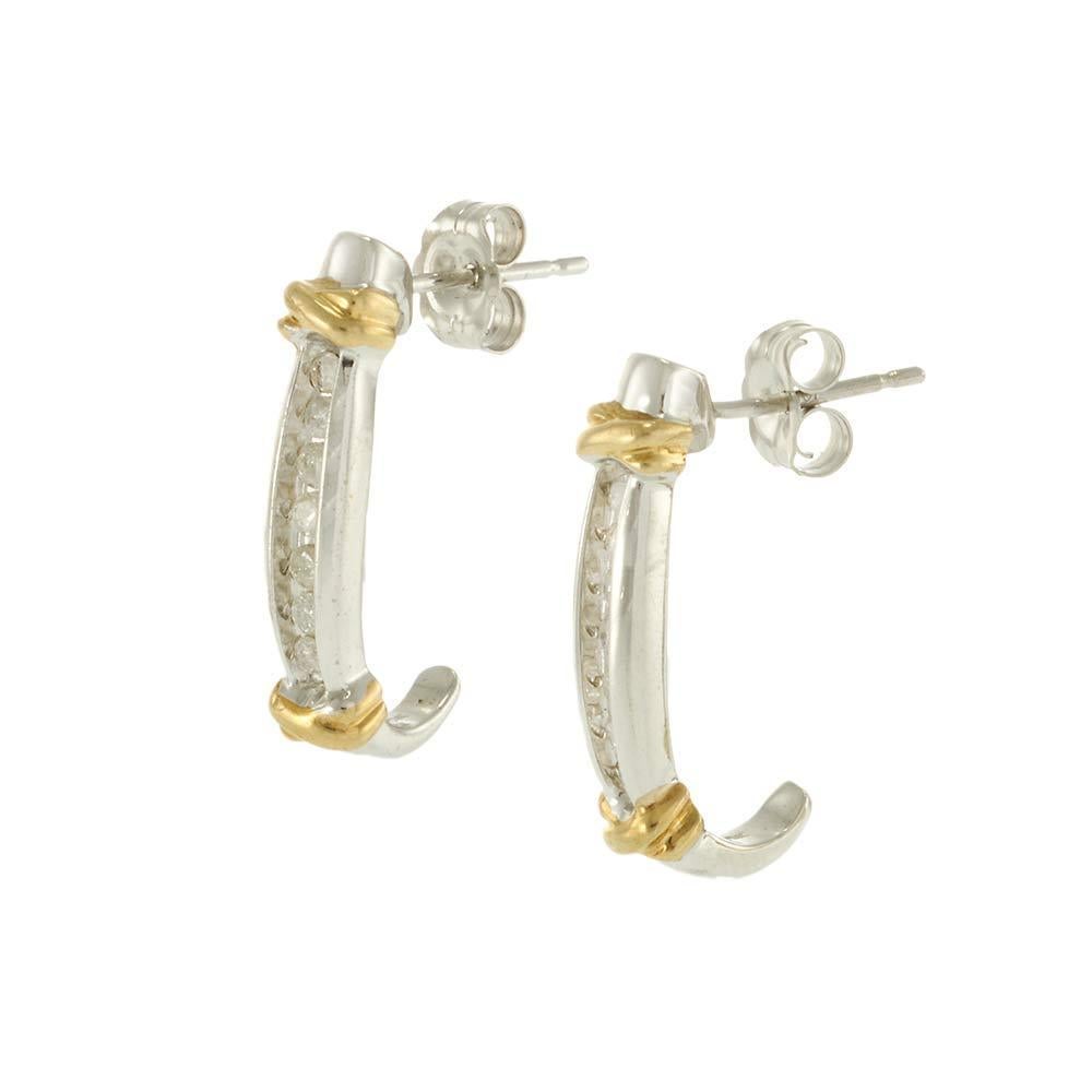 Round Cut 14KT White and Yellow Gold Two-Tone Diamond Half-Hoop Earrings For Sale