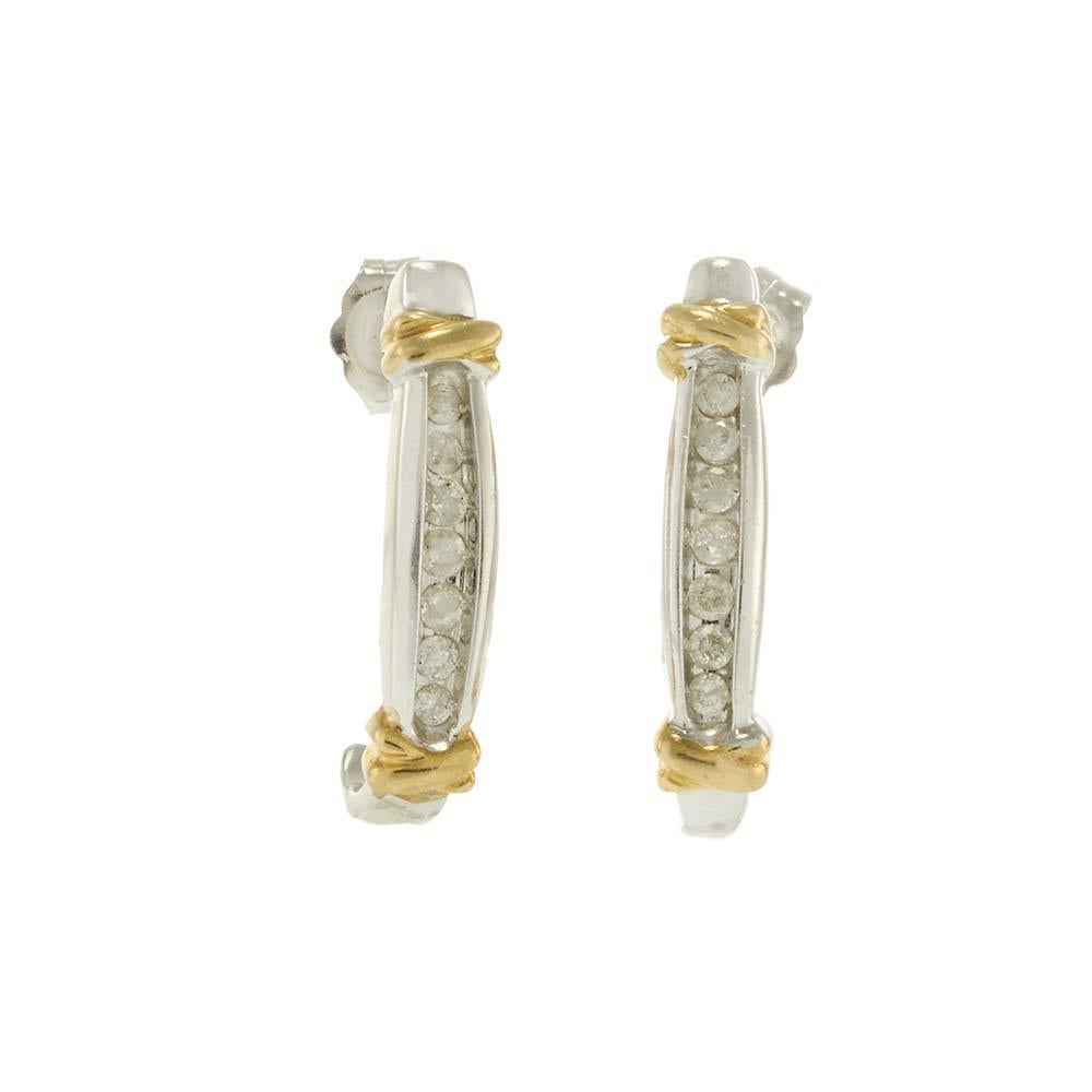 14KT White and Yellow Gold Two-Tone Diamond Half-Hoop Earrings In New Condition For Sale In New York, NY