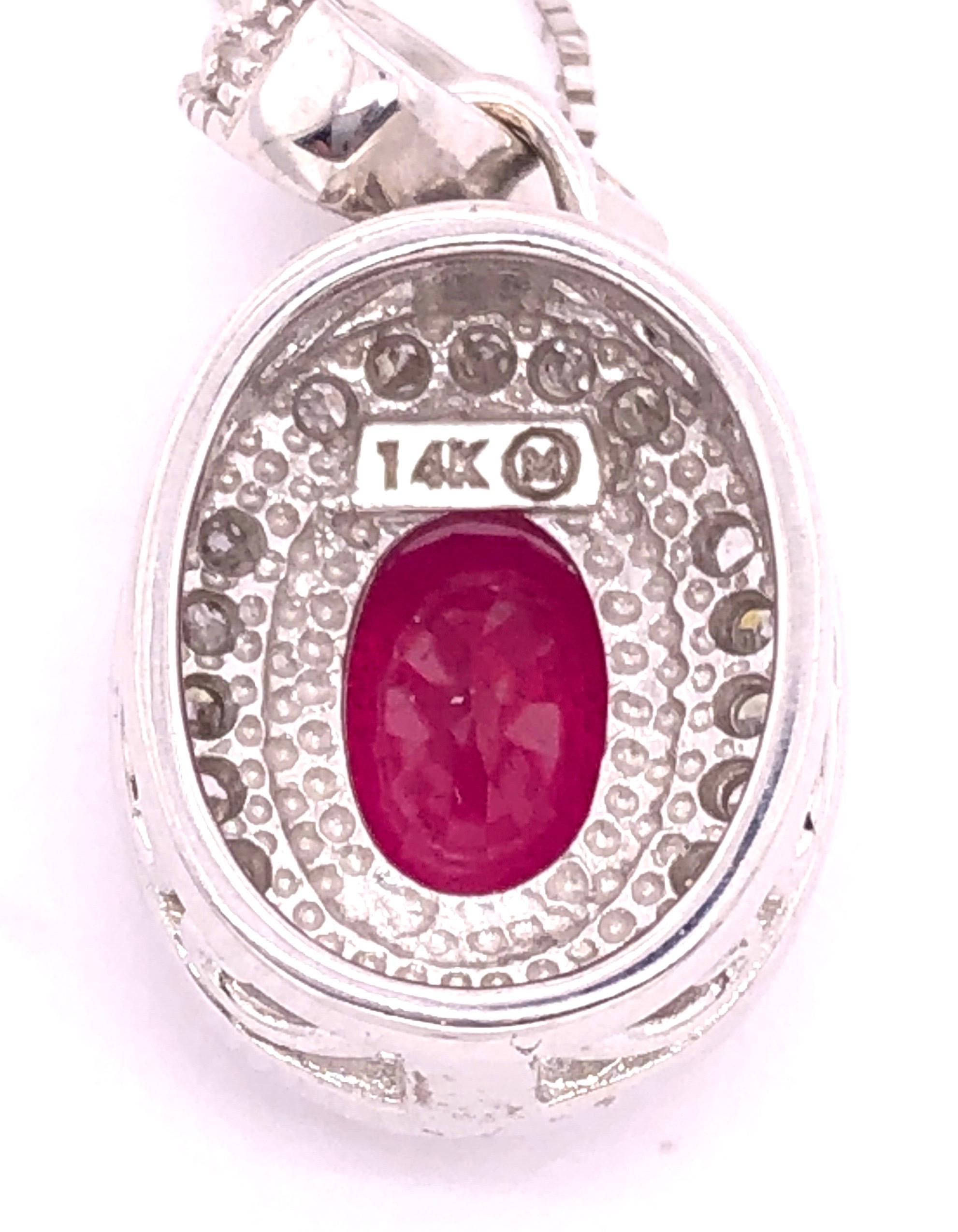 Taglio ovale Collana in oro bianco 14Kt da 18 pollici con rubino e diamanti in vendita