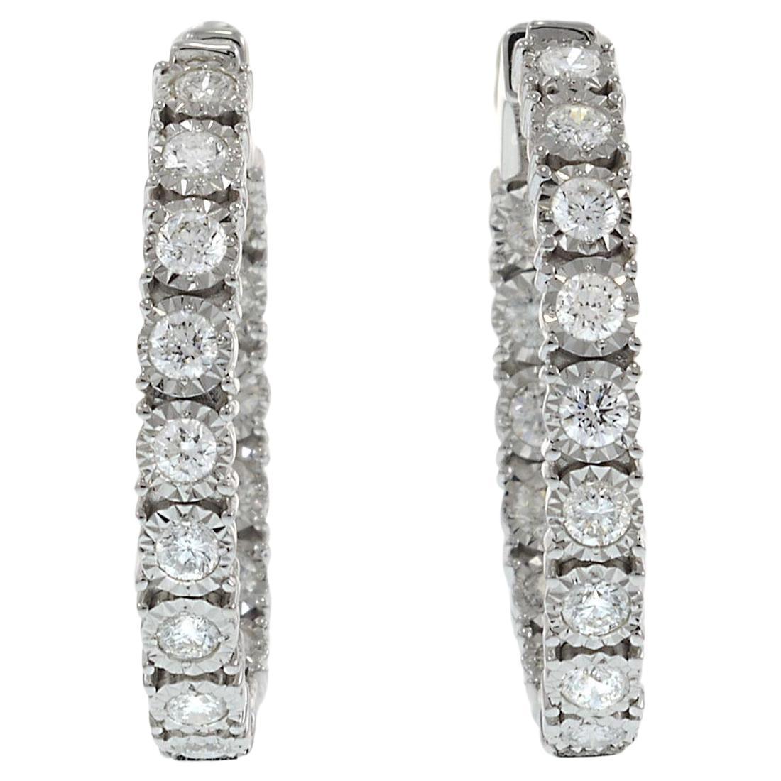 14KT White Gold 28mm In-and-Out Diamond Hoop Earrings For Sale