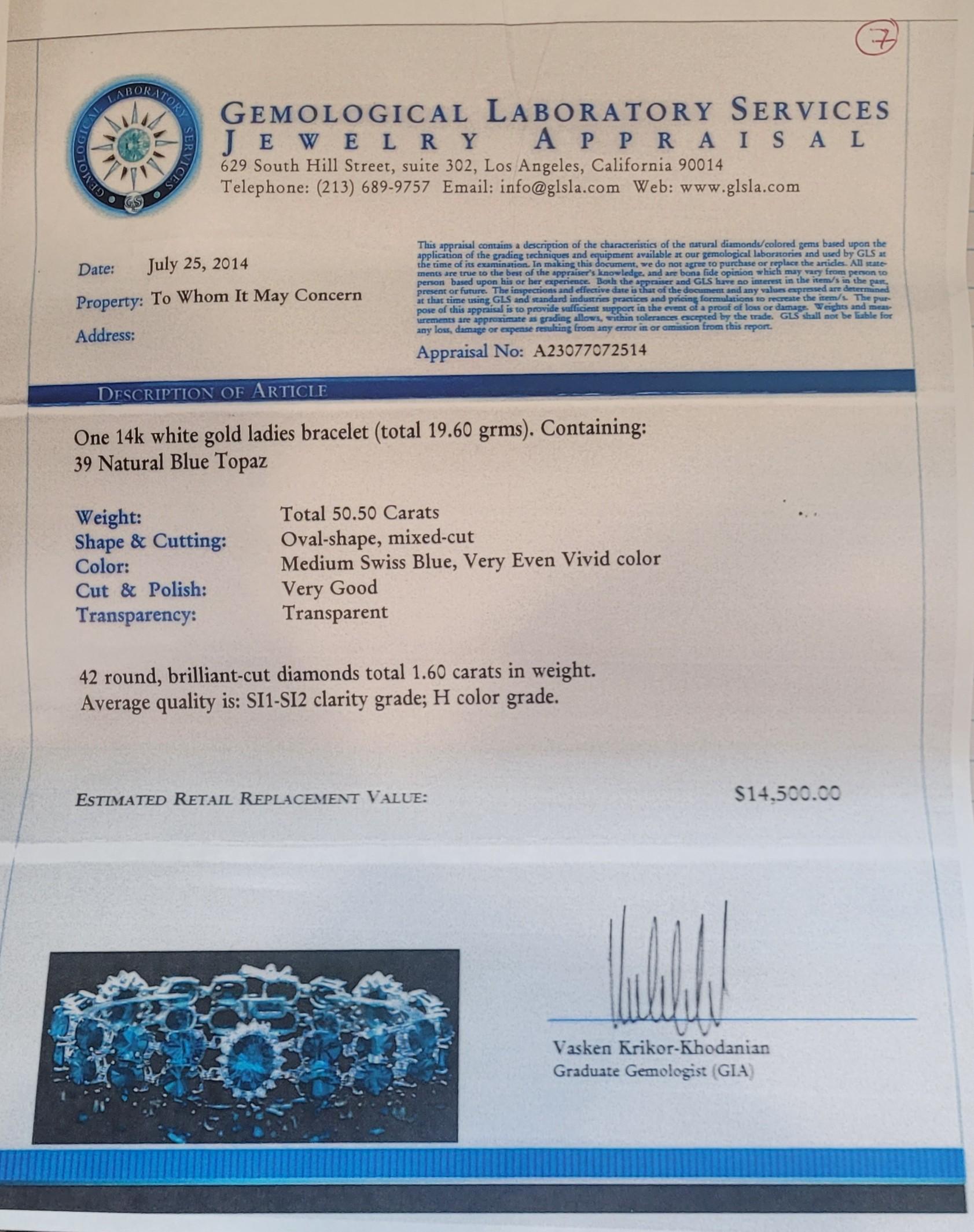 14kt White Gold 50.50cttw Oval Natural Blue Topaz & 1.60cttw Diamond Bracelet For Sale 3