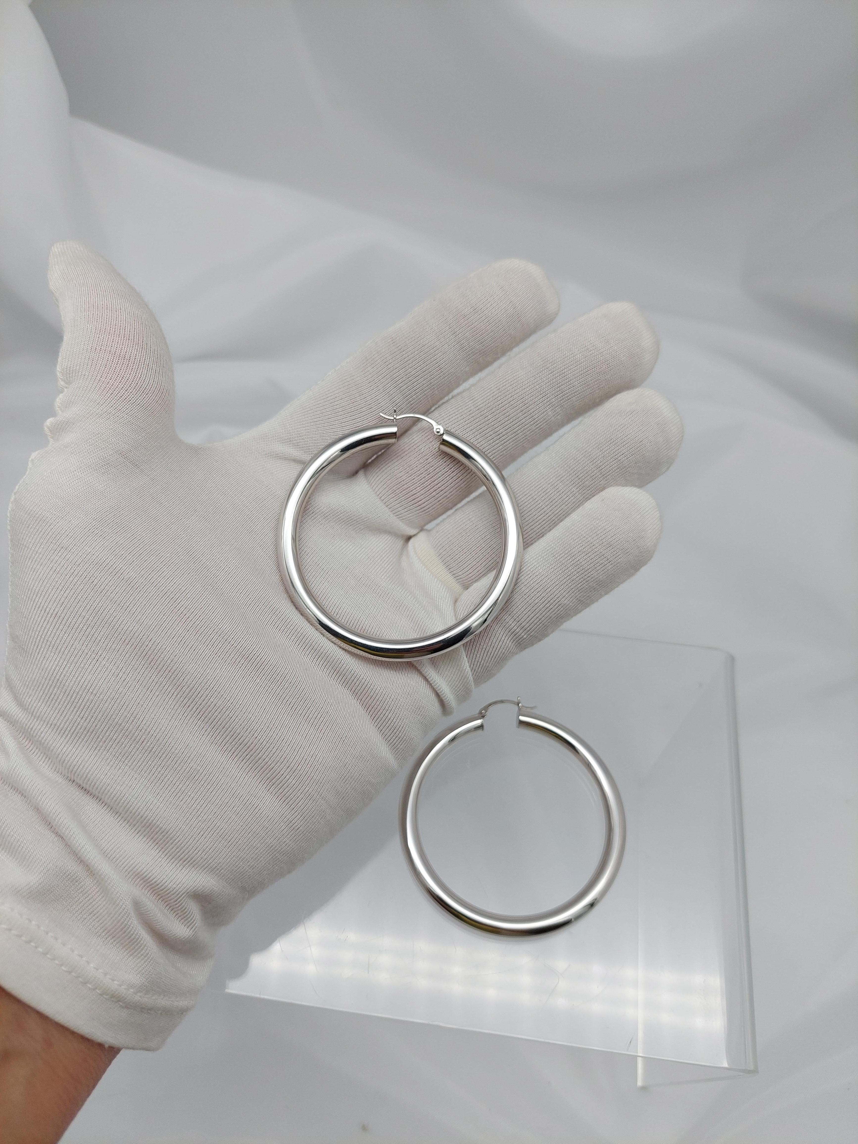 14KT Or Blanc Tube 5mm Large Hoops en vente 7