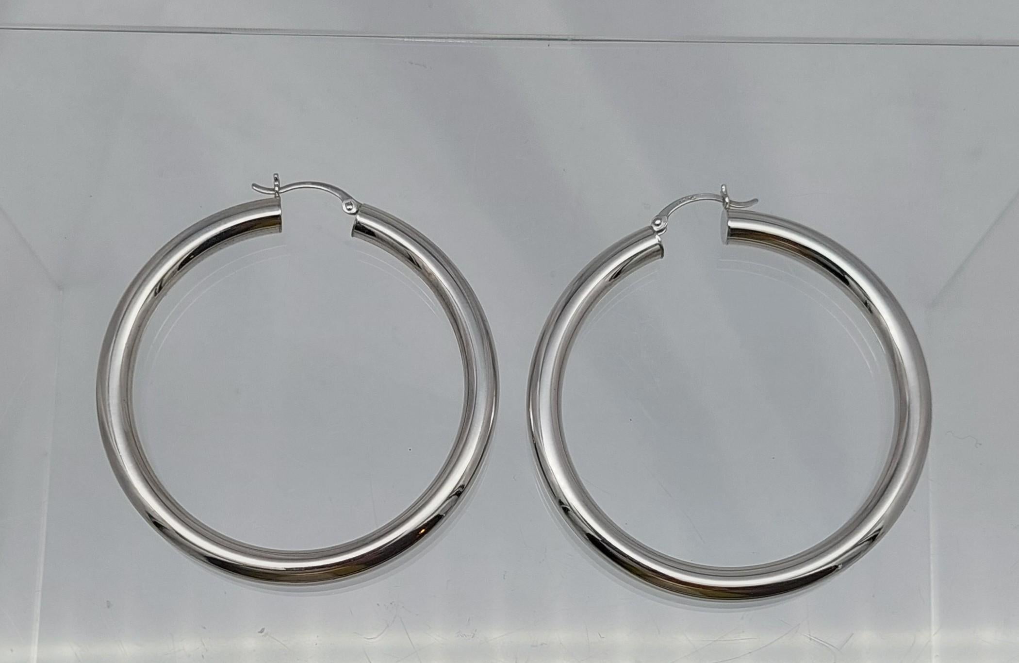 14KT Or Blanc Tube 5mm Large Hoops en vente 2