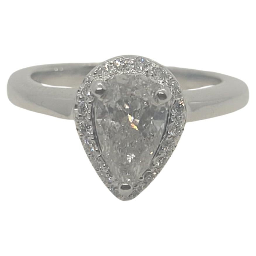 14kt White Gold .80ct Pear Cut Diamond Halo Ring, 18 Round Brilliant Diamonds For Sale