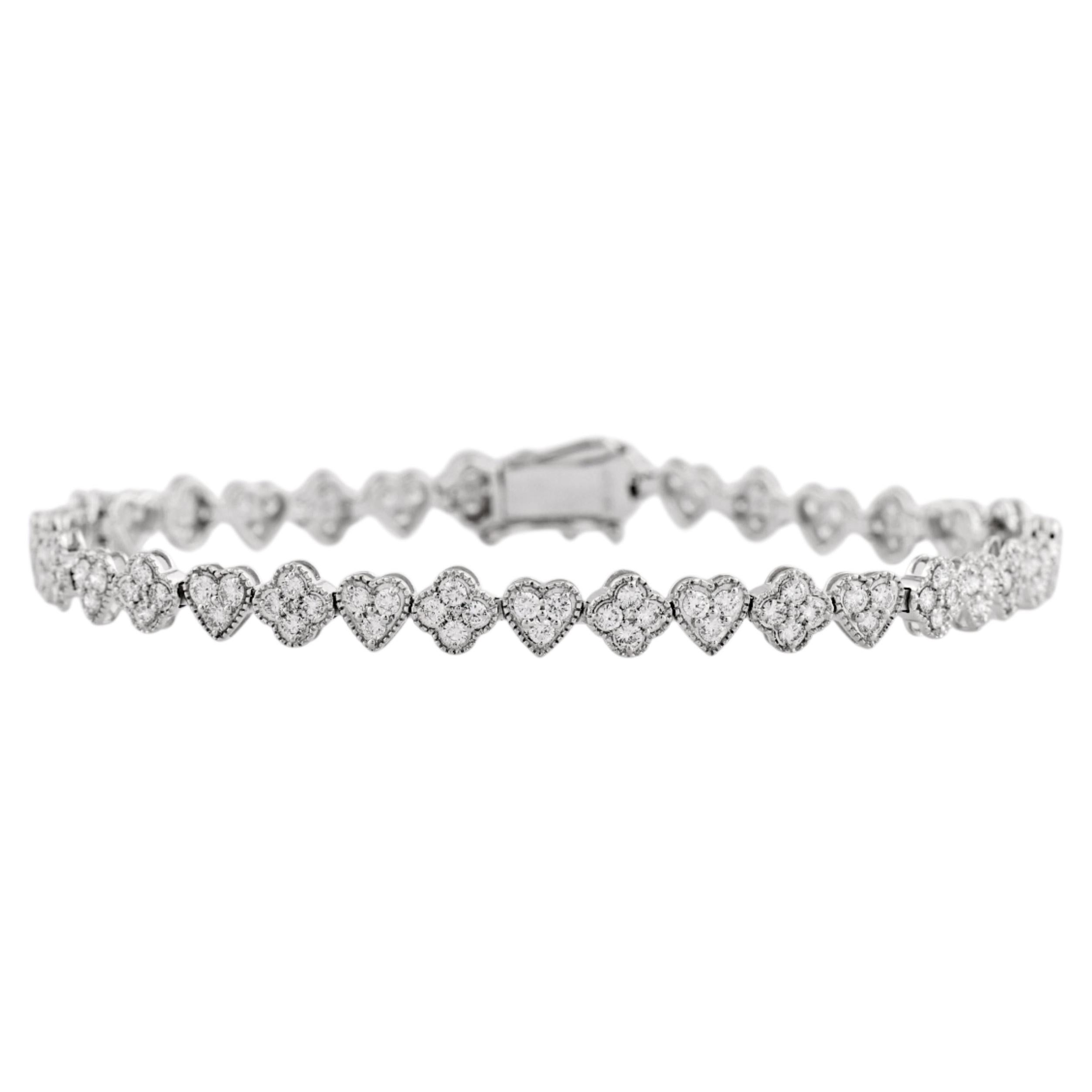 14KT White Gold Alternating Diamond 2.16 Cts Heart and Clover Link Bracelet