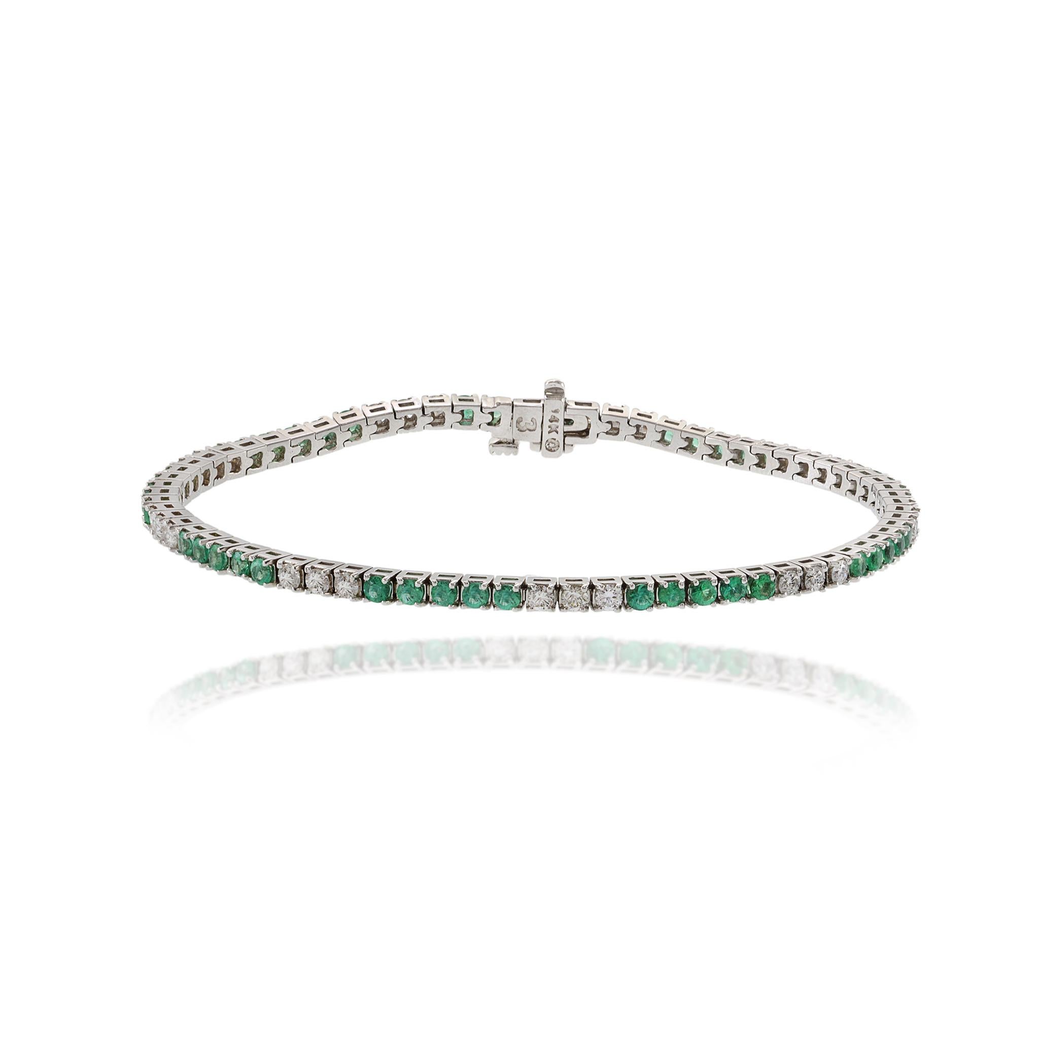 Modern 14KT White Gold Alternating Emerald And Diamond Straight Line Bracelet For Sale