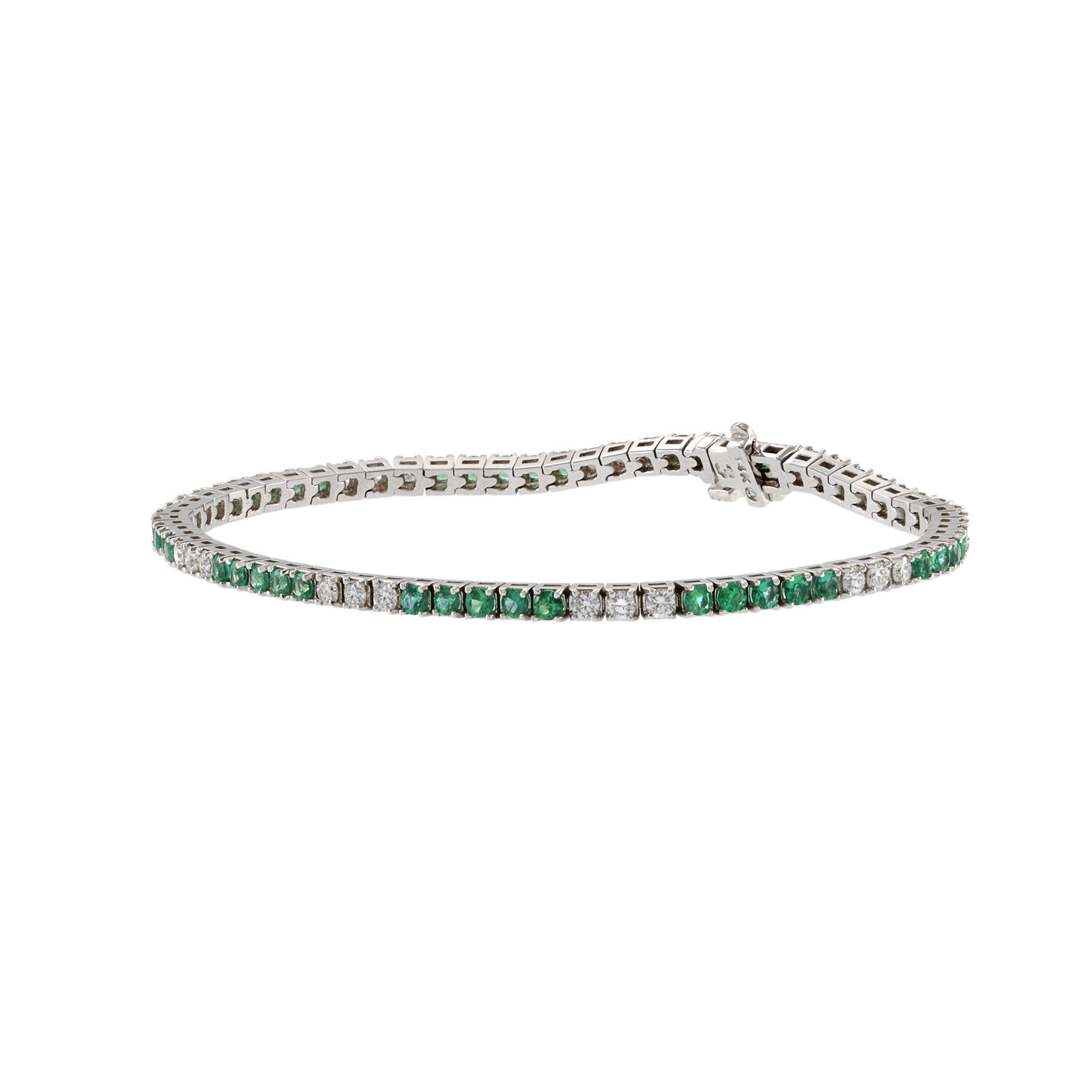 Emerald Cut 14KT White Gold Alternating Emerald And Diamond Straight Line Bracelet For Sale