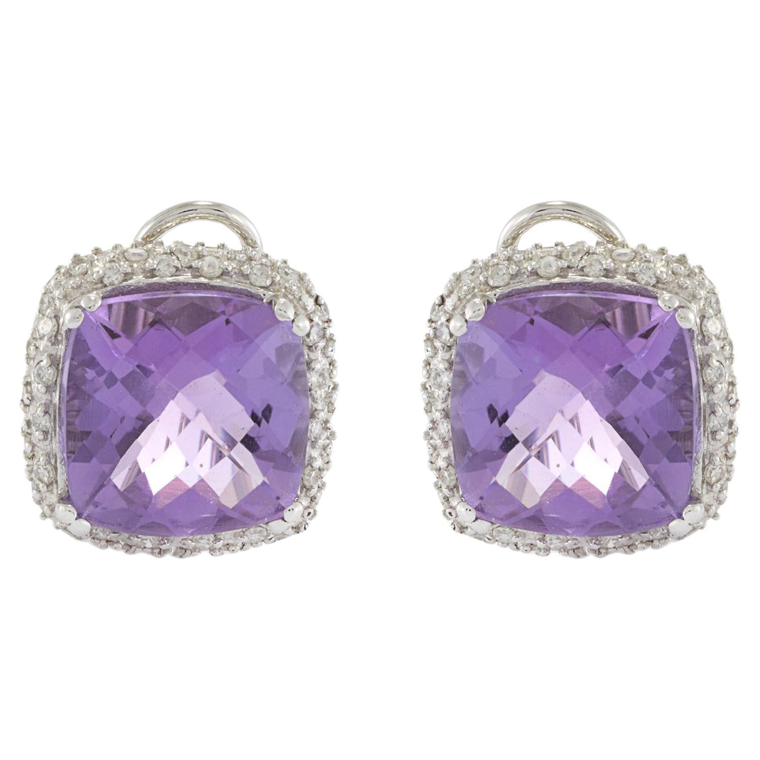 Orecchini a cuscino in oro bianco 14KT con ametista e diamante
