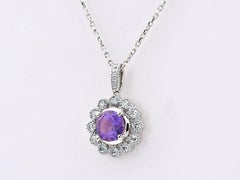14KT White Gold Amethyst and Diamond Flower Halo Pendant Necklace