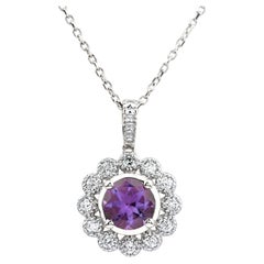 14KT White Gold Amethyst and Diamond Flower Halo Pendant Necklace