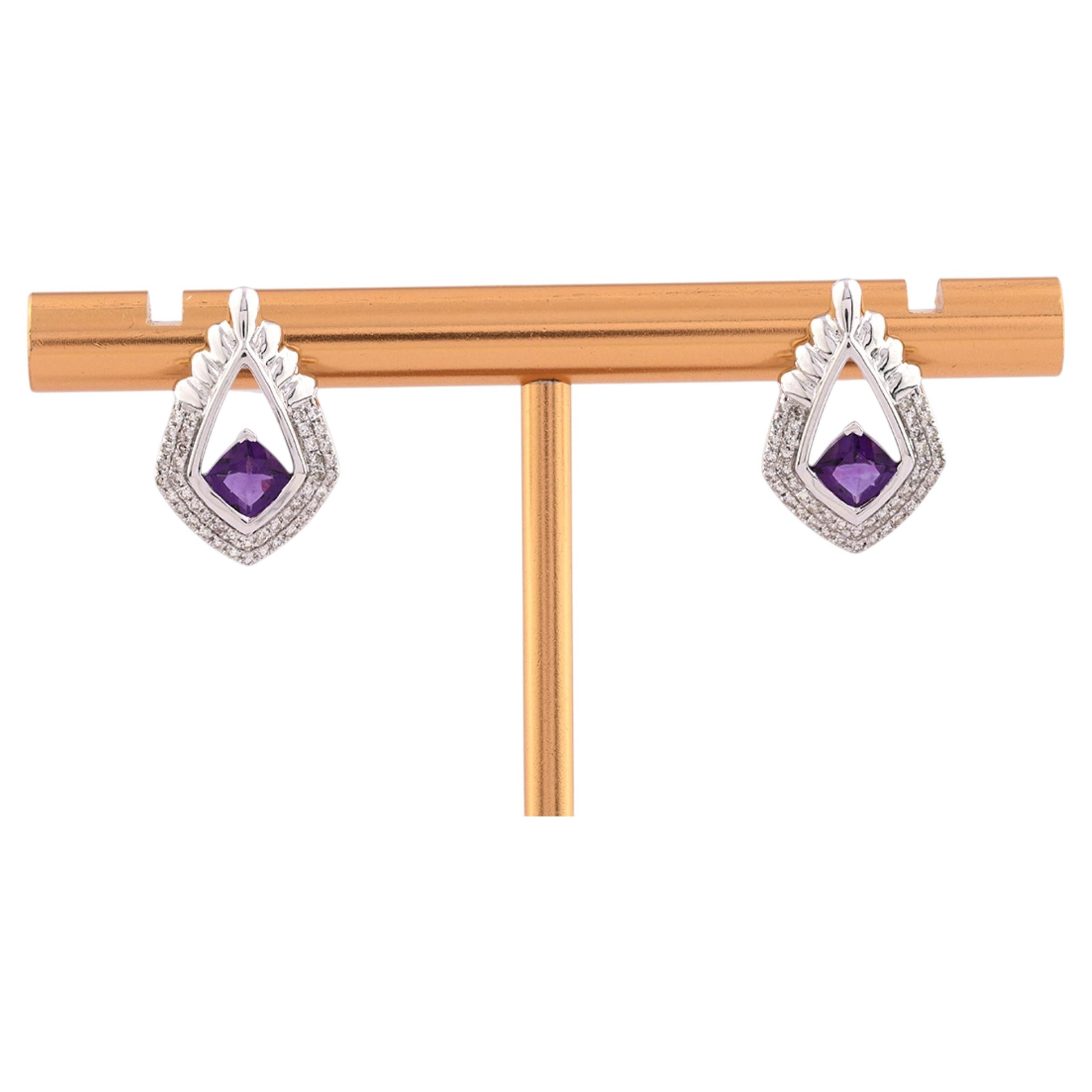 14-Karat-Weißgold-Ohrringe in Tropfenform mit Amethyst und Diamanten im Halo-Design im Angebot