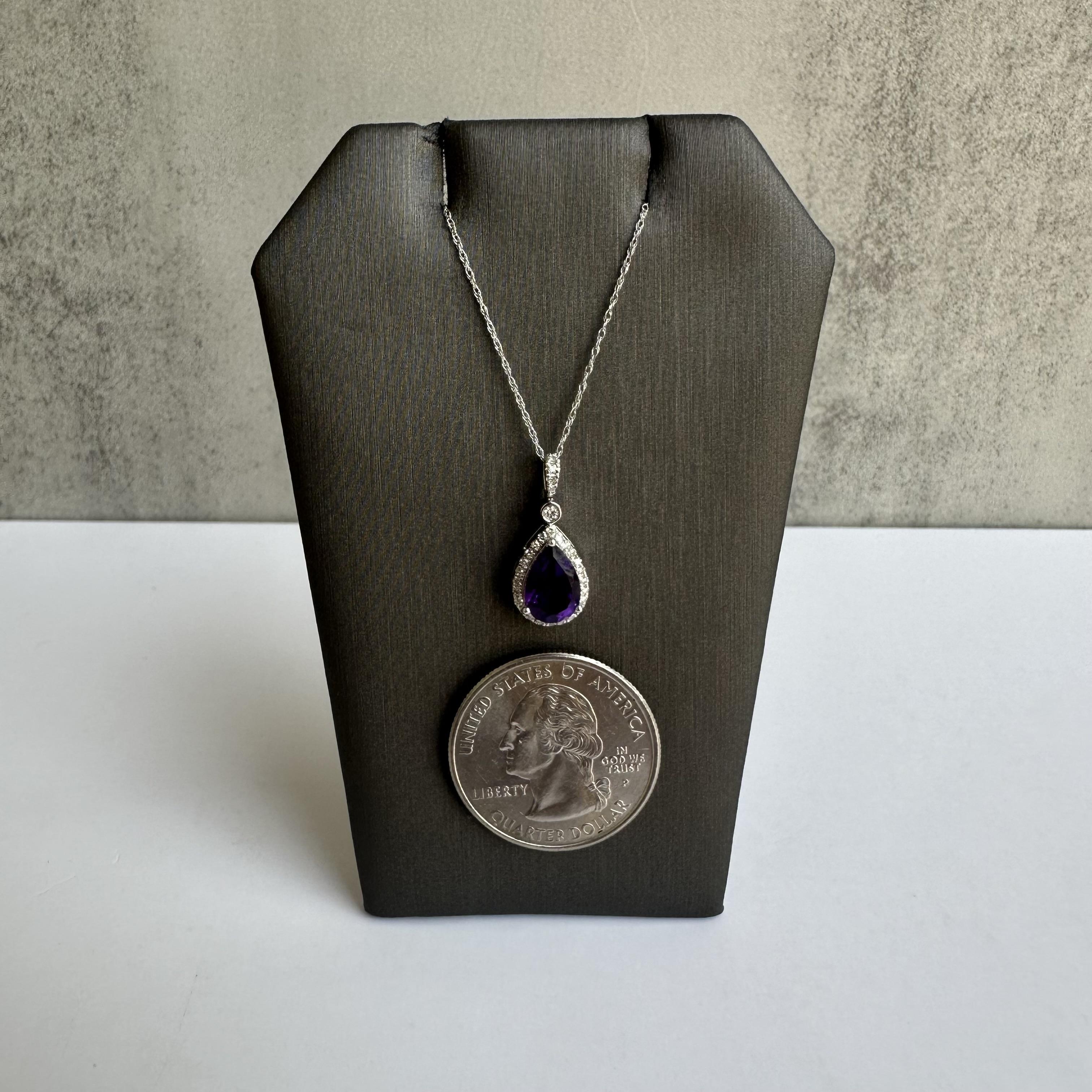 Pear Cut 14kt White Gold Amethyst and Diamond Necklace - 0.17ctw Diamonds, 9x6mm Amethyst