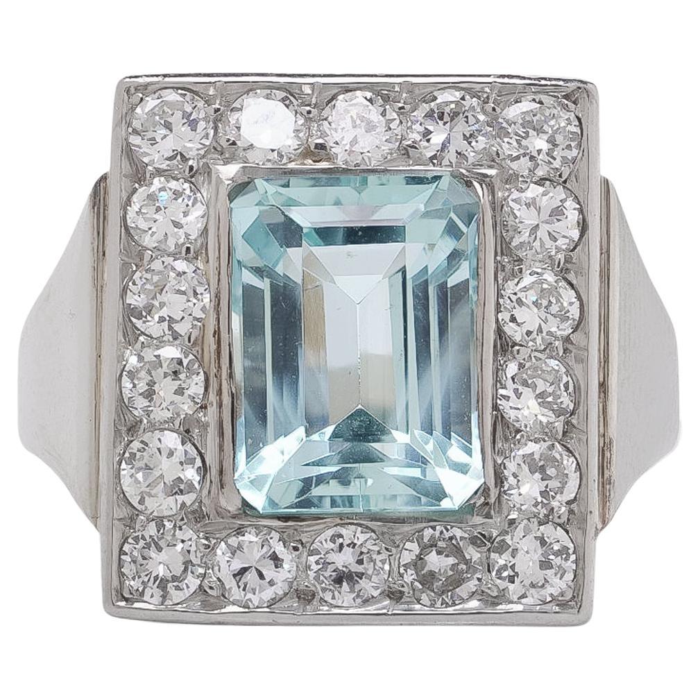 14KT White Gold Aquamarine 
Diamond Cluster Ring