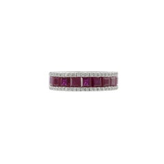 14KT White Gold Band with Square Cut Rubies and Round Cut Diamond Sides