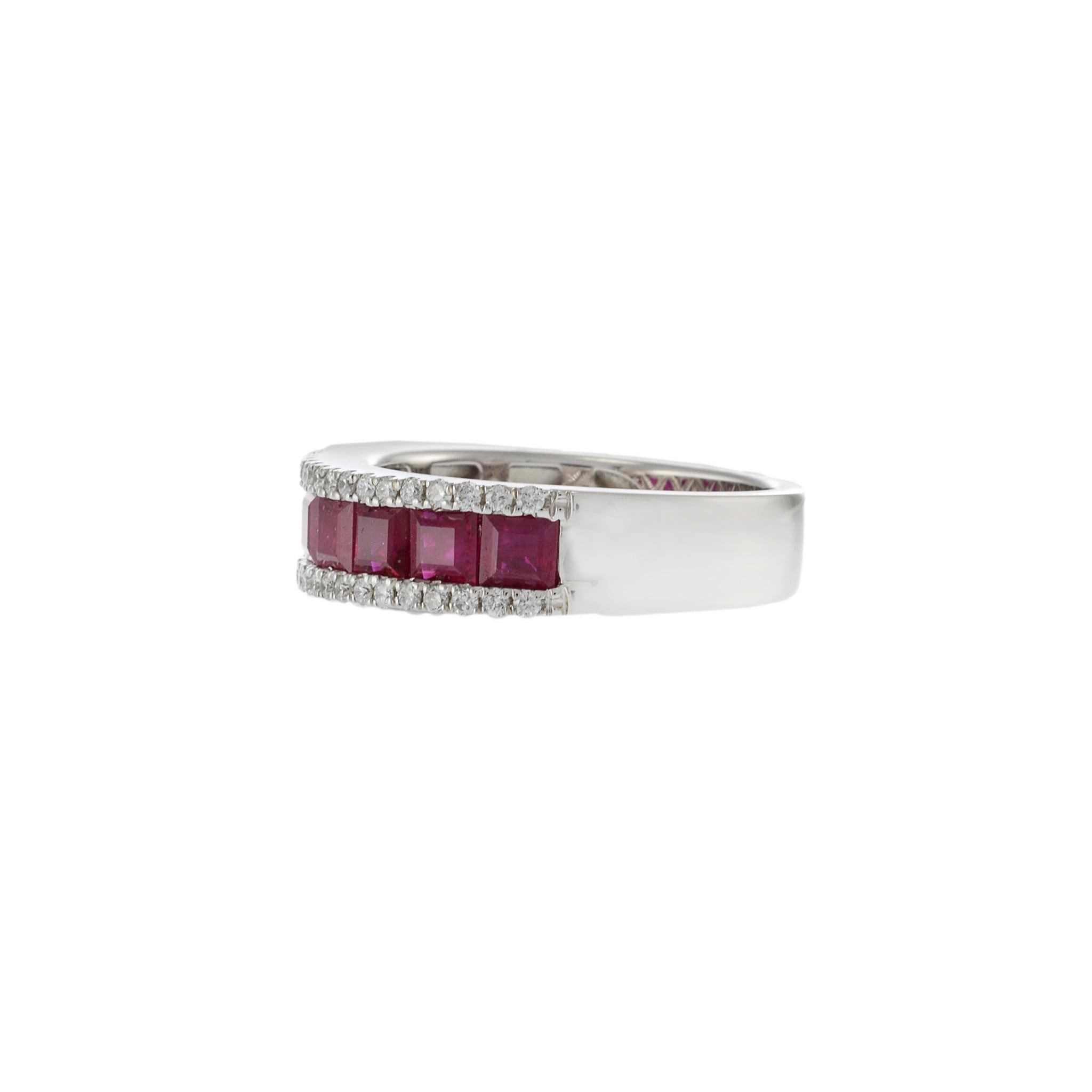 Modern 14KT White Gold Band with Square Cut Rubies and Round Cut Diamond Sides For Sale