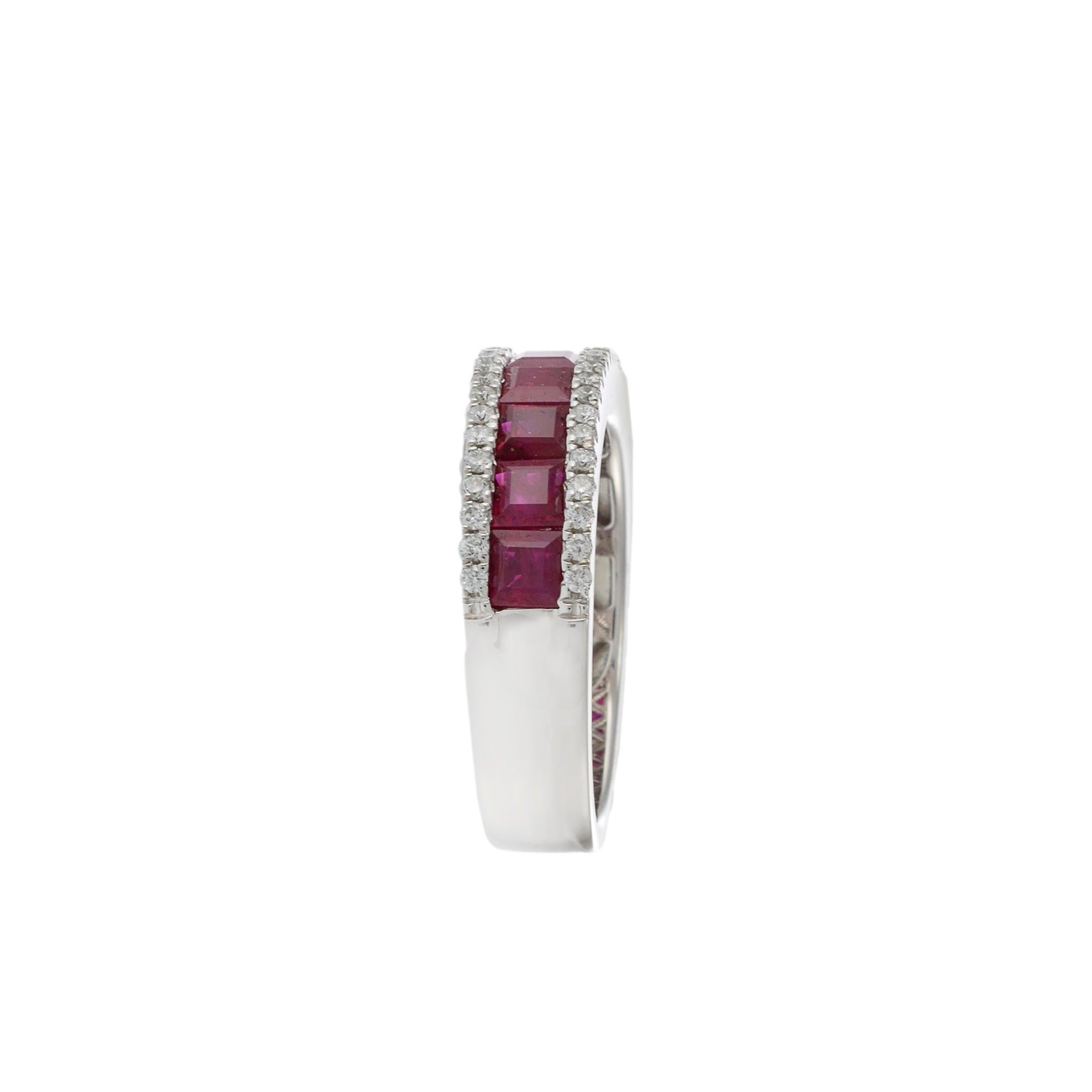 14KT White Gold Band with Square Cut Rubies and Round Cut Diamond Sides For Sale 1