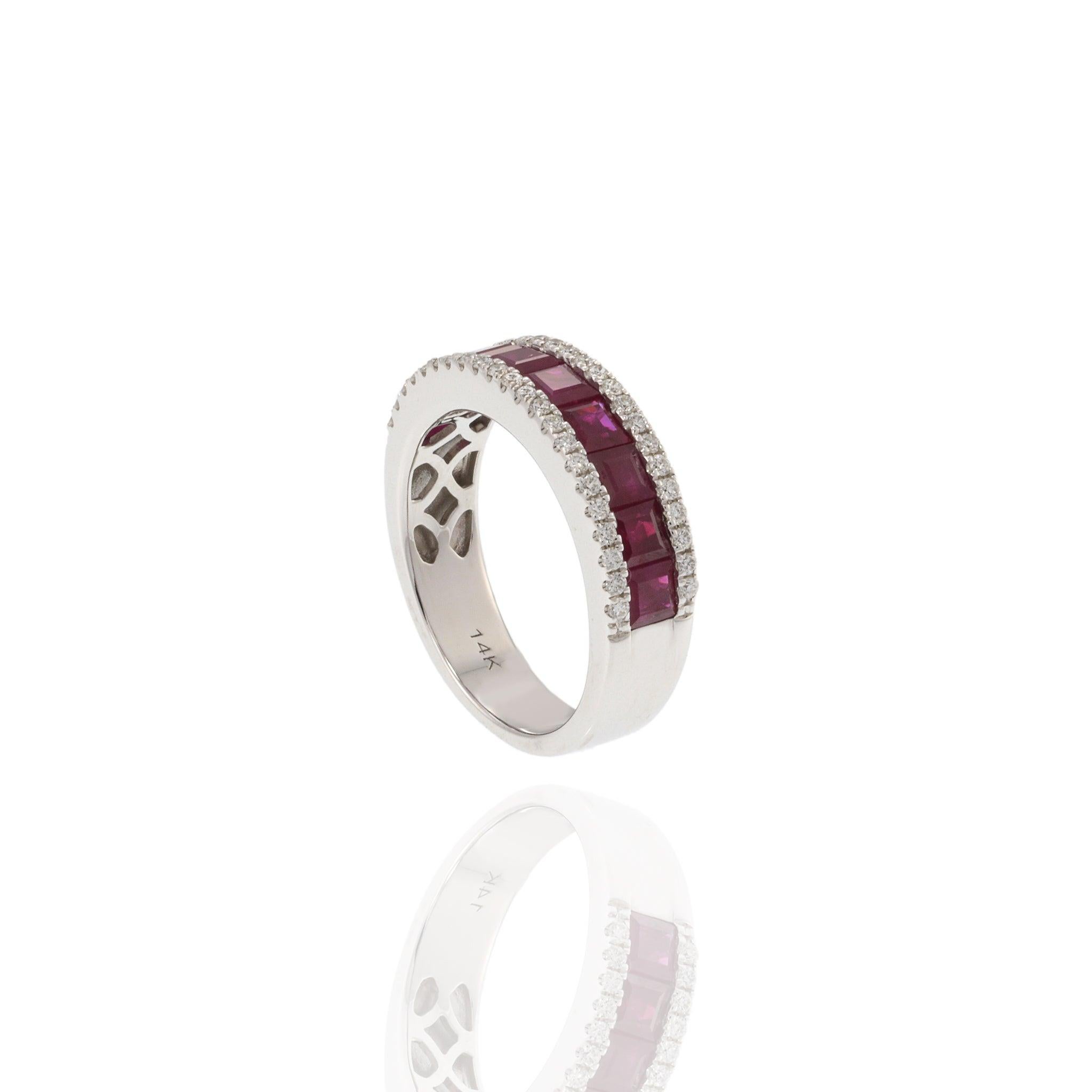 14KT White Gold Band with Square Cut Rubies and Round Cut Diamond Sides For Sale 2