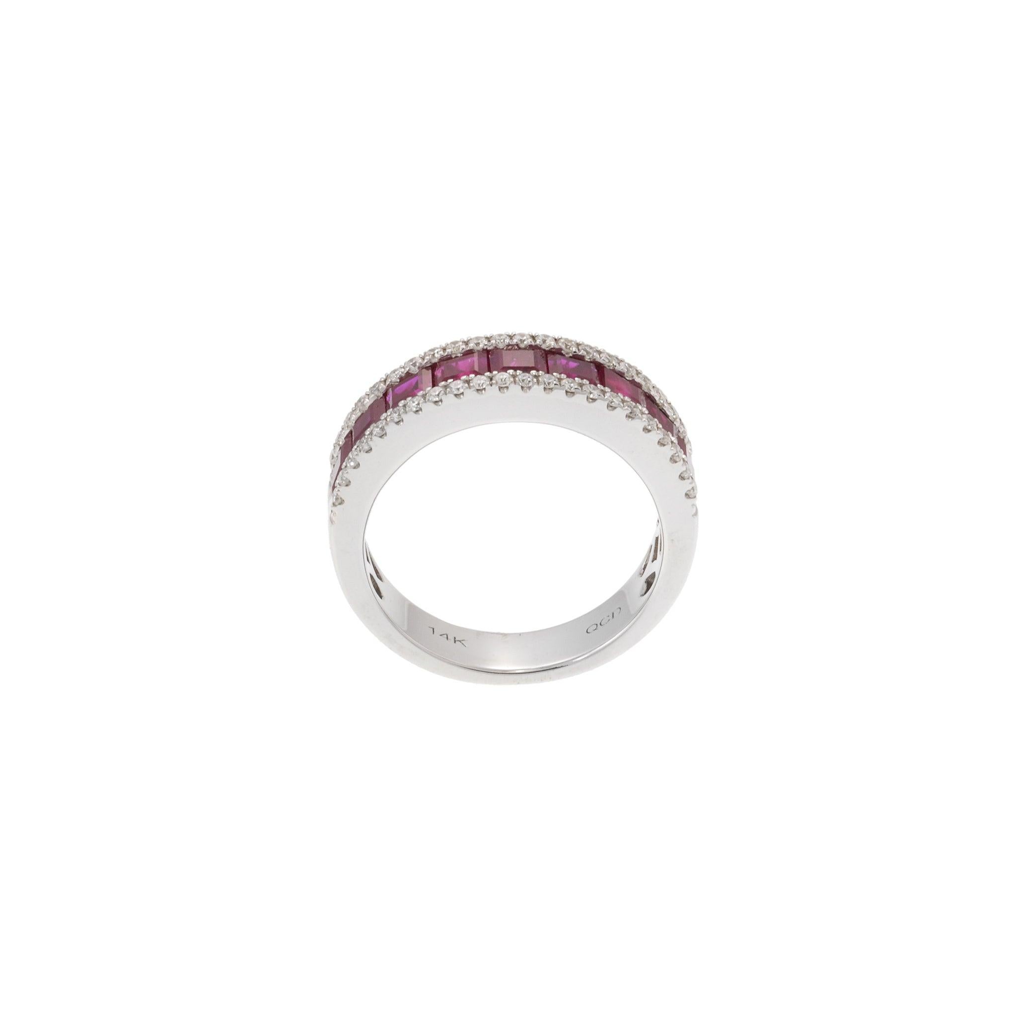 14KT White Gold Band with Square Cut Rubies and Round Cut Diamond Sides For Sale 3