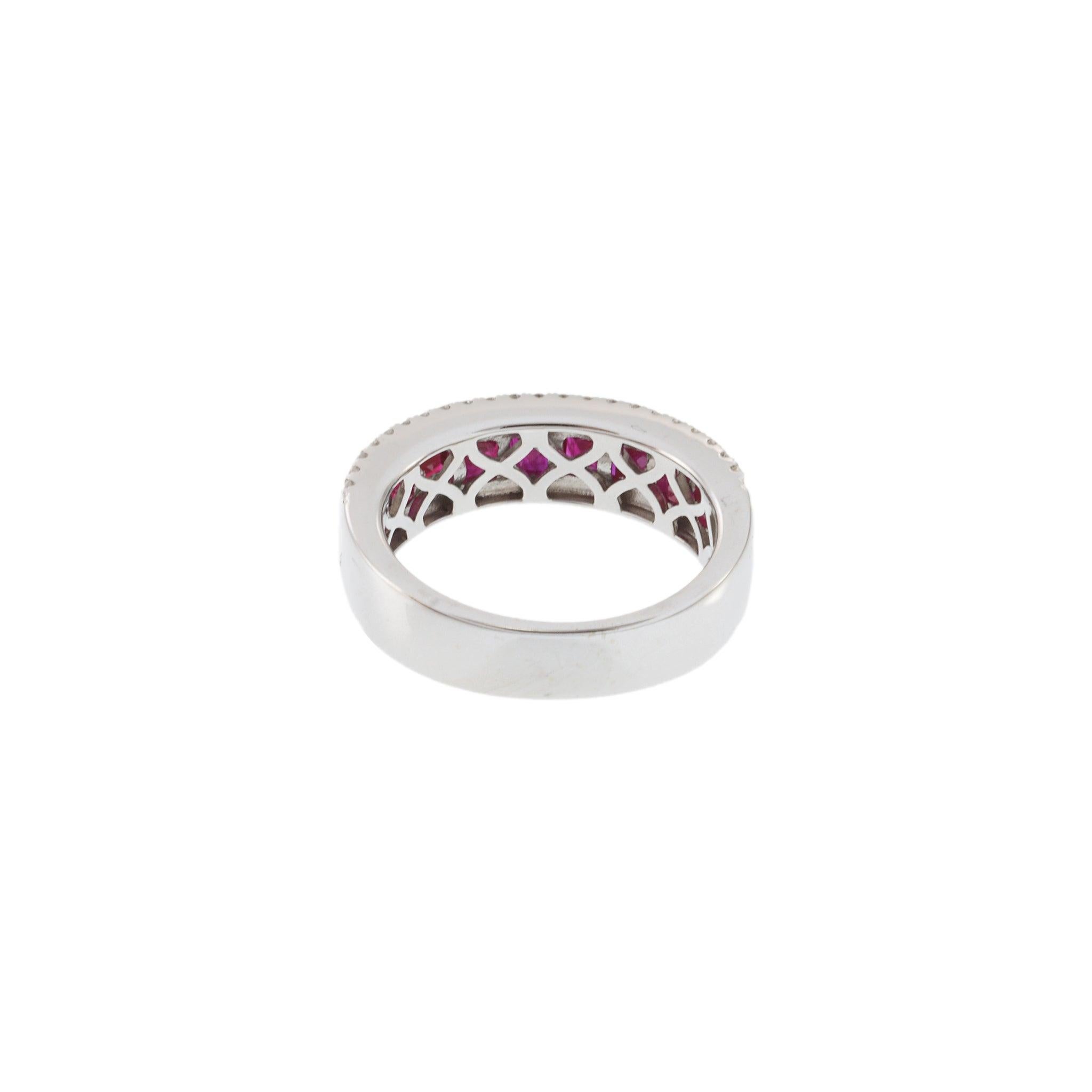 14KT White Gold Band with Square Cut Rubies and Round Cut Diamond Sides For Sale 4