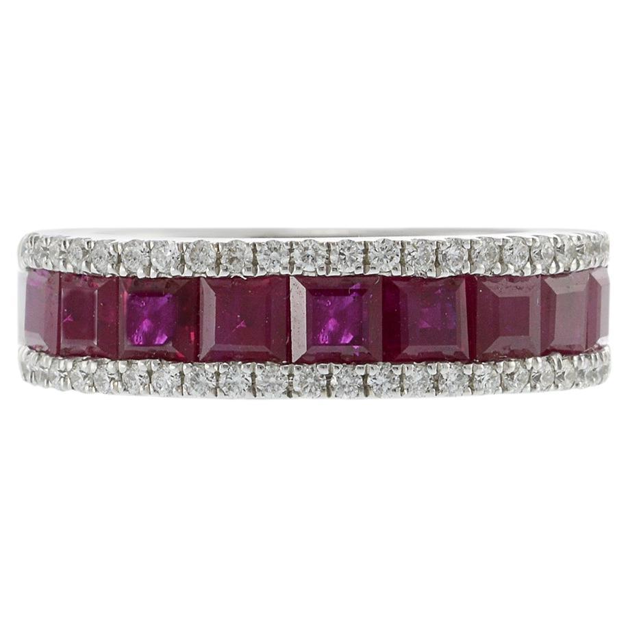14KT White Gold Band with Square Cut Rubies and Round Cut Diamond Sides