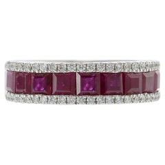 14KT White Gold Band with Square Cut Rubies and Round Cut Diamond Sides