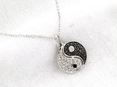 14KT White Gold Black and White Diamond Yin Yang Pendant Necklace