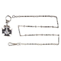 14Kt White Gold & Black Enamel Necklace, Bracelet or Pocket Chain & Masonic Fob