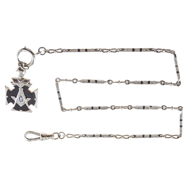 1stDibs - 14kt Gold & Black Necklace Bracelet Pocket Chain & Masonic Fob American Art Deco Enamel