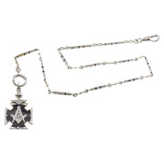 Antique 14Kt White Gold & Black Enamel Necklace, Bracelet or Pocket Chain & Masonic Fob