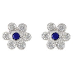 Pendientes Racimo Flor Zafiro Azul y Diamante Oro Blanco 14KT