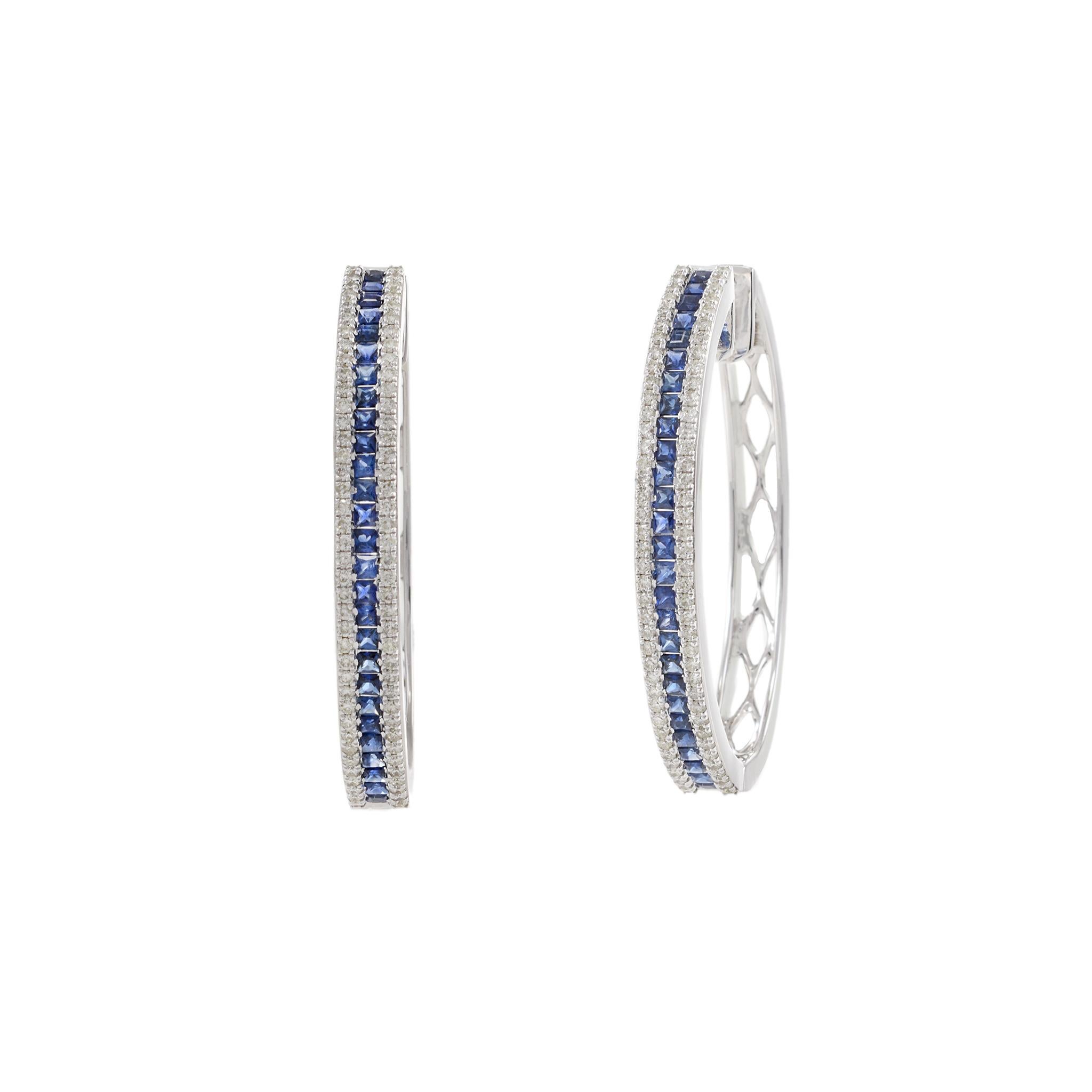 Modern 14KT White Gold Blue Sapphire and Diamond Oval Hoop Earrings For Sale