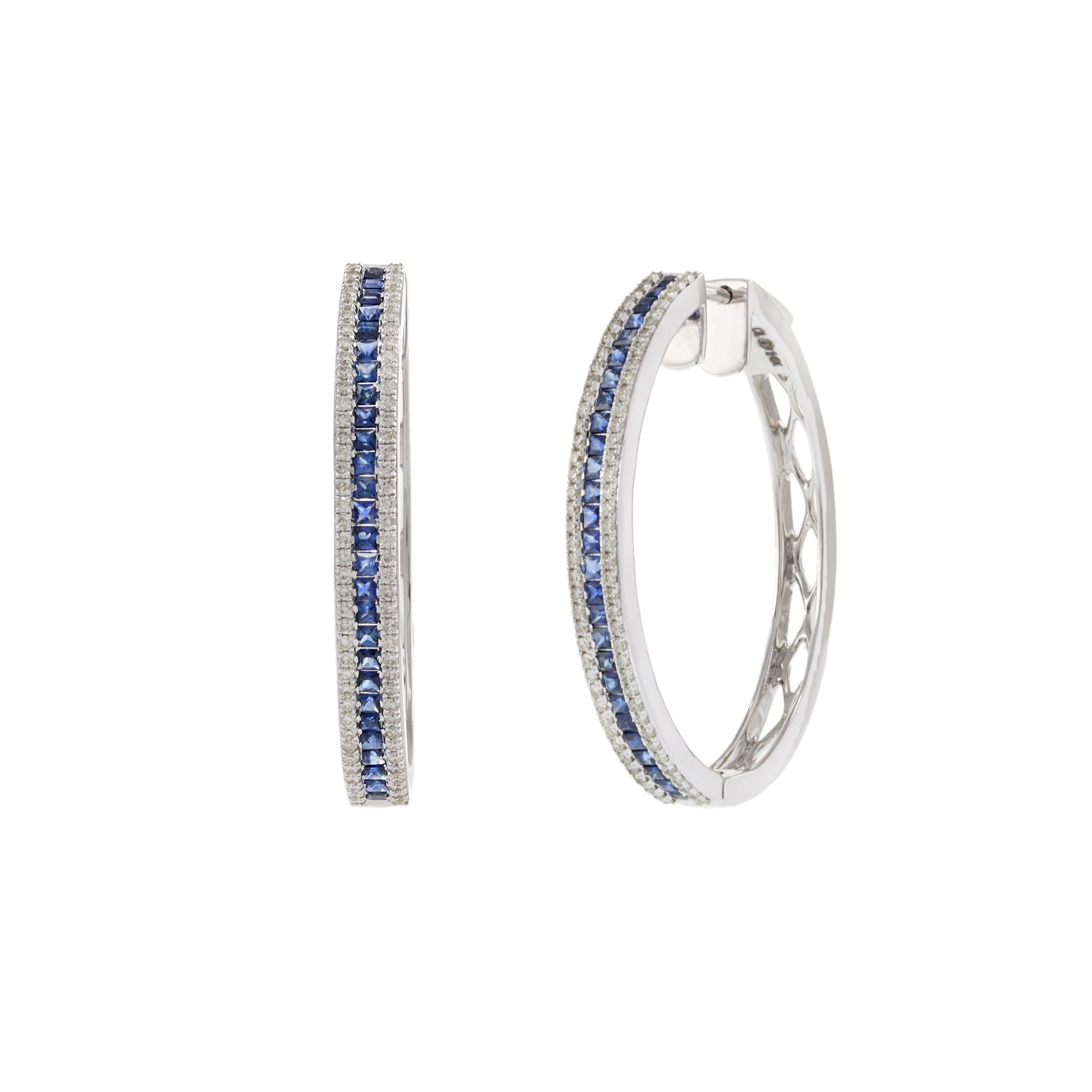 Oval Cut 14KT White Gold Blue Sapphire and Diamond Oval Hoop Earrings For Sale