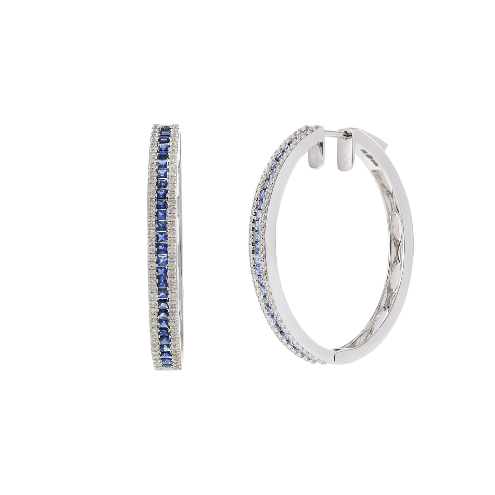 14KT White Gold Blue Sapphire and Diamond Oval Hoop Earrings In New Condition For Sale In New York, NY