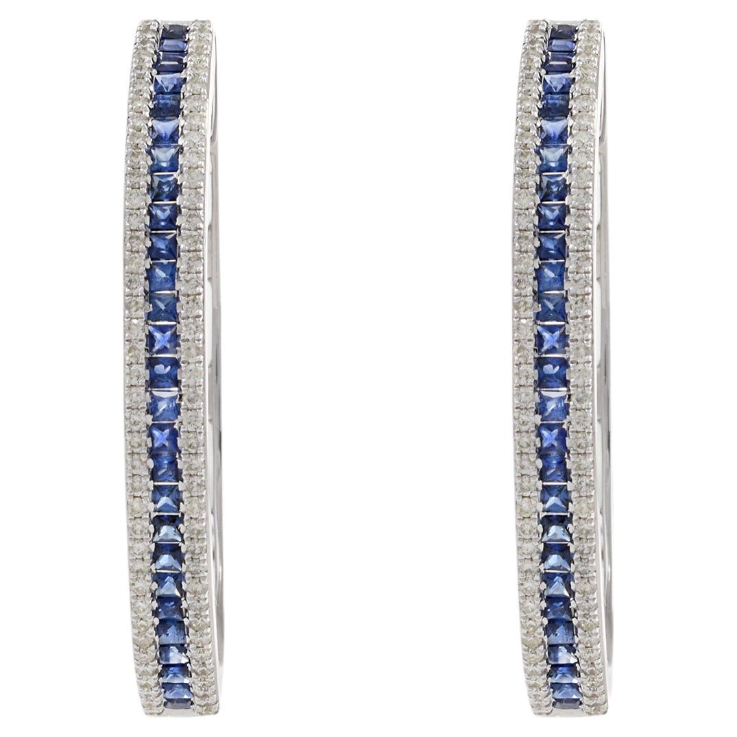 14KT White Gold Blue Sapphire and Diamond Oval Hoop Earrings
