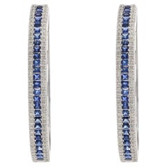 14KT White Gold Blue Sapphire and Diamond Oval Hoop Earrings