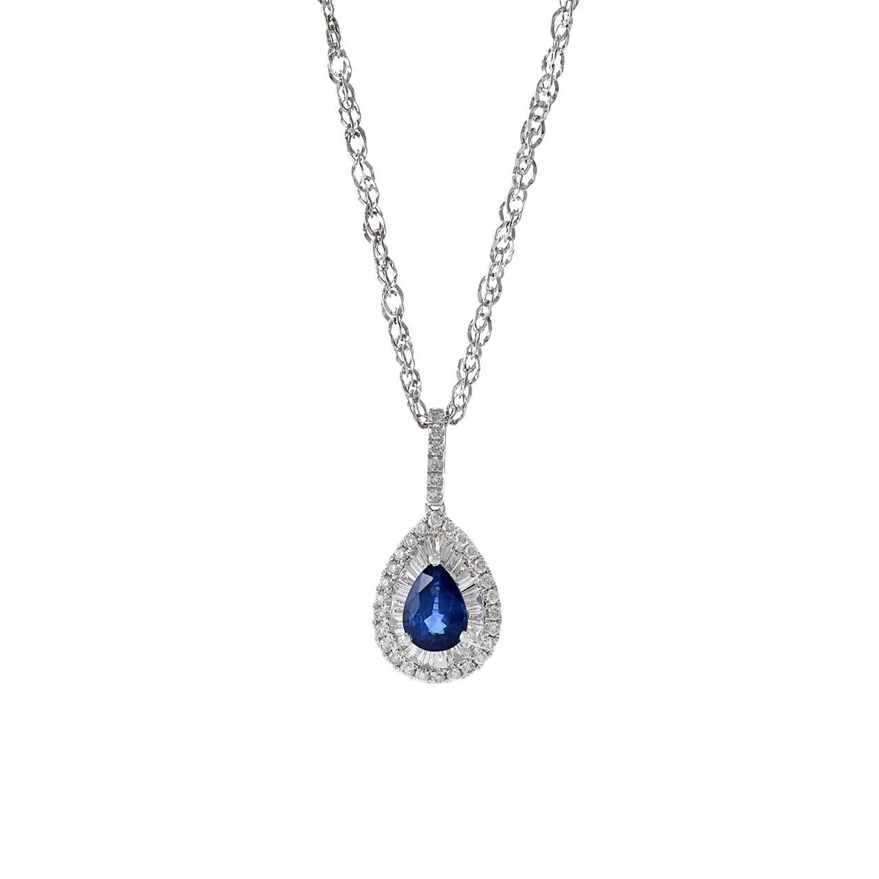 Modern 14KT White Gold Blue Sapphire And Diamond Pendant Necklace For Sale