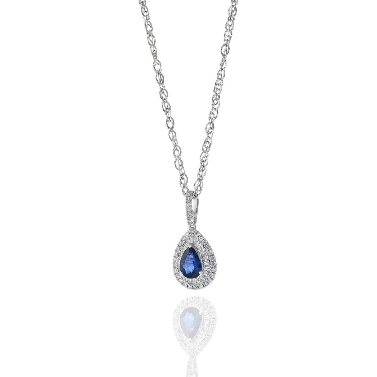 Pear Cut 14KT White Gold Blue Sapphire And Diamond Pendant Necklace For Sale