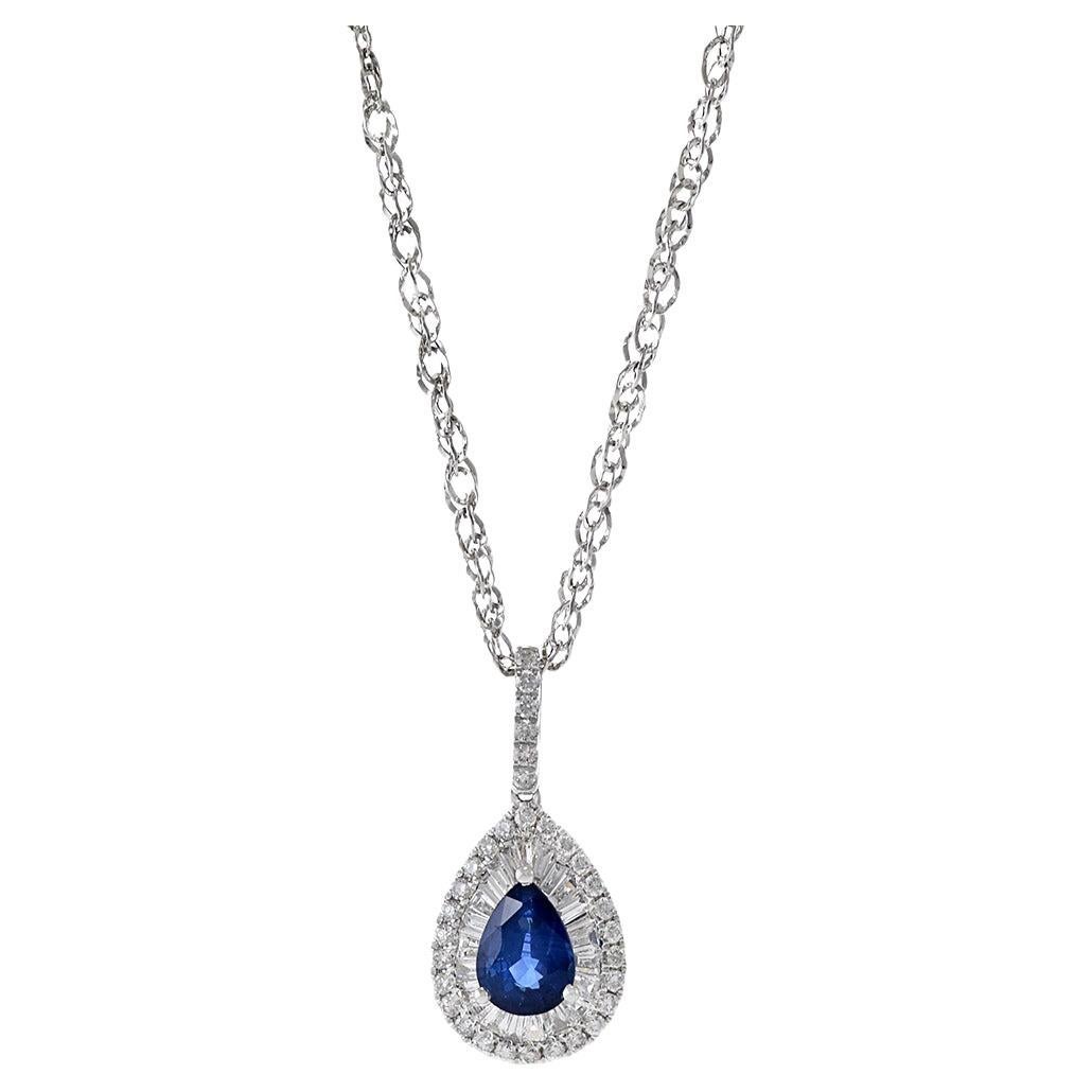 14KT White Gold Blue Sapphire And Diamond Pendant Necklace