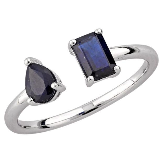 Anello aperto in oro bianco 14KT con zaffiro blu e diamante Toi et Moi in vendita