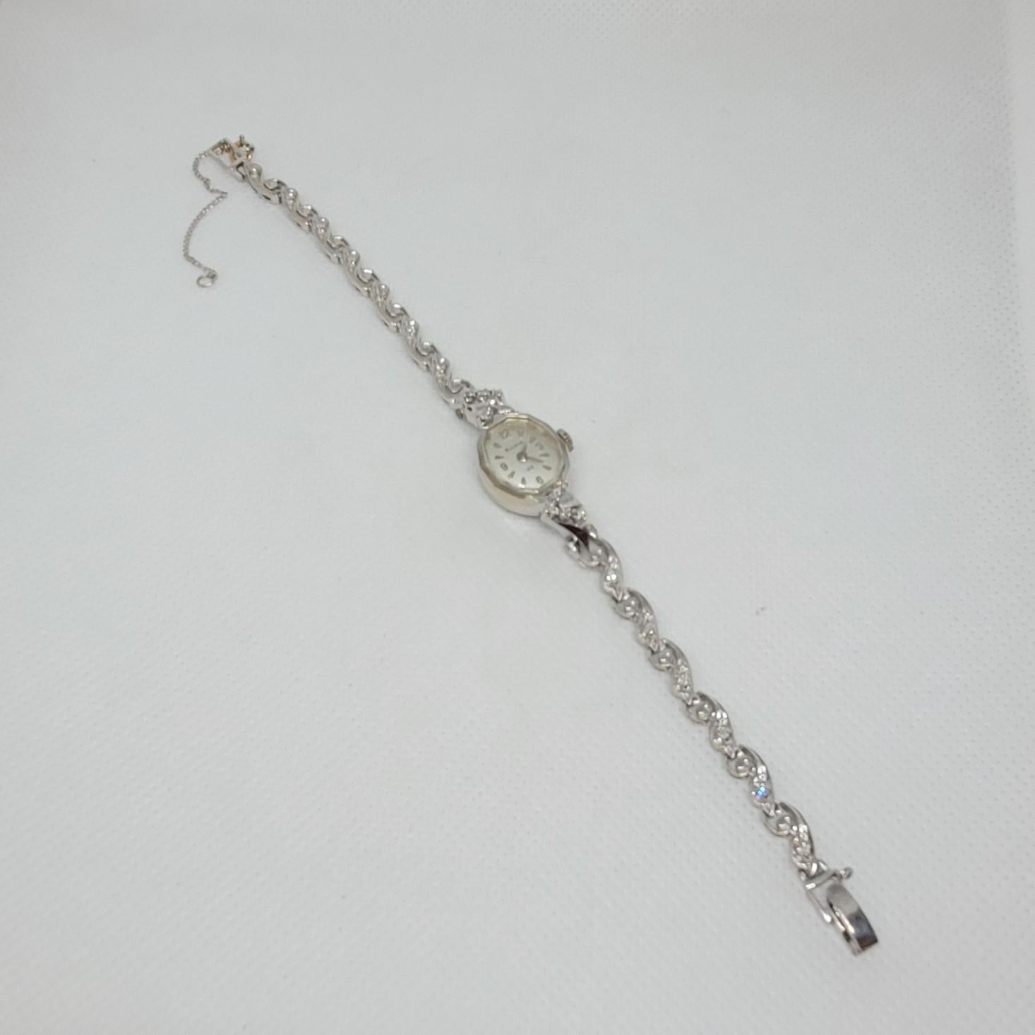 Single Cut 14kt White Gold Bulova Diamond Watch Ladies Serviced Working Warranty Art Deco For Sale