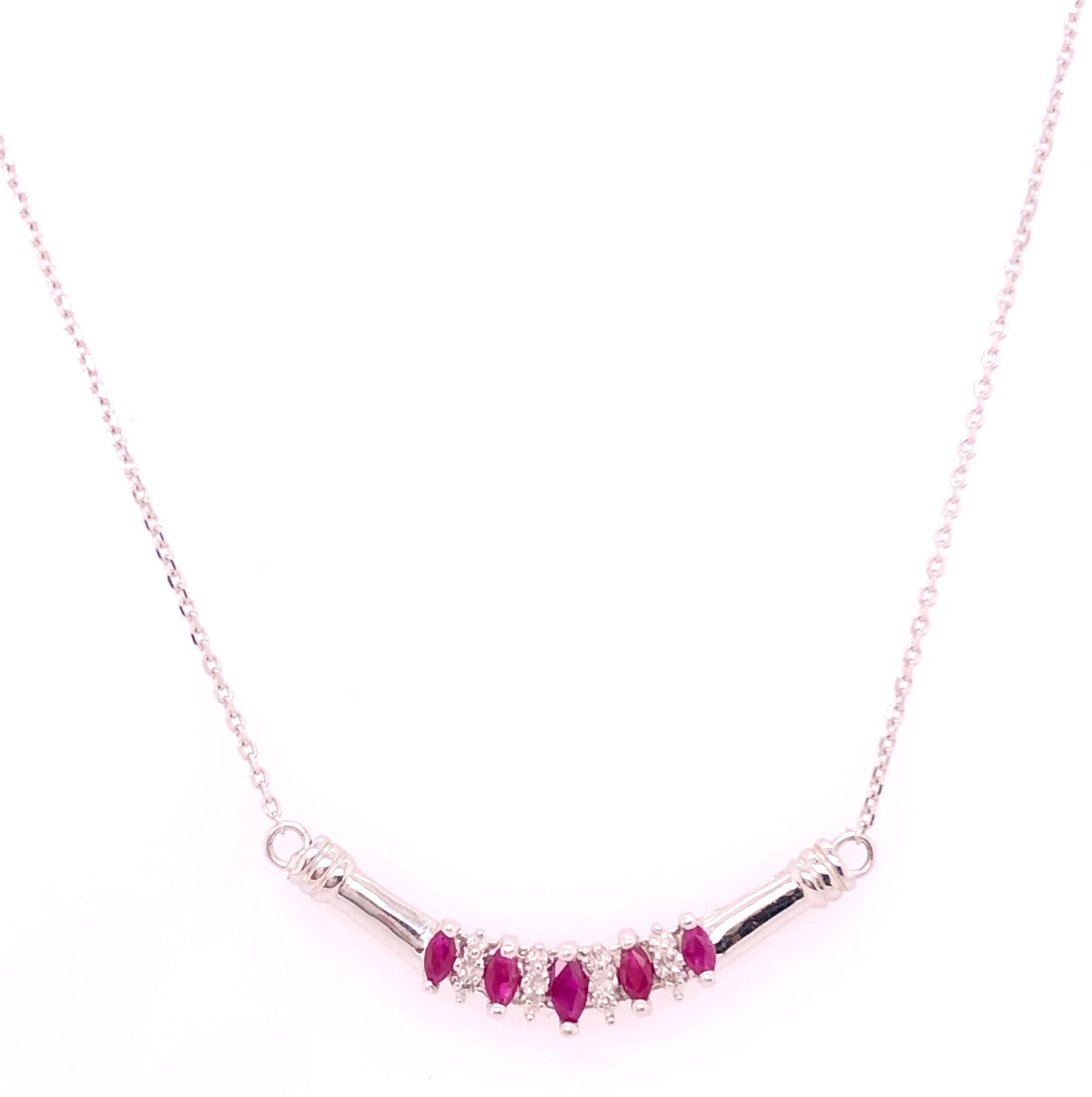 14Kt White Gold Cable Necklace W/ Ruby And Diamond Soldered Pendant 0.10 TDW
18 Inch 
3.09 grams total weight