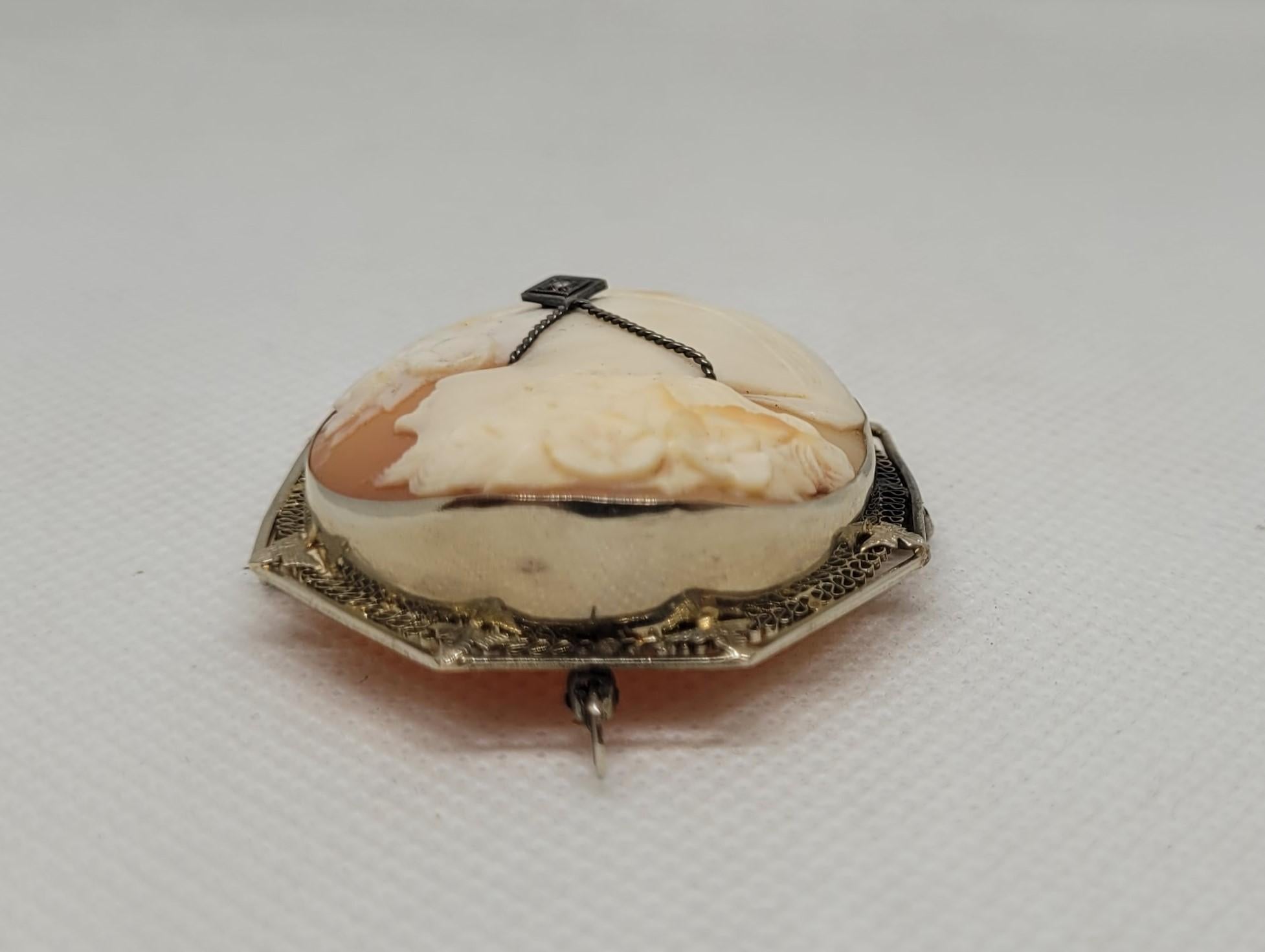 Women's 14kt White Gold Cameo Pin, Shell, Victorian Era, 19x15x10mm, Lady w/Single Cut For Sale