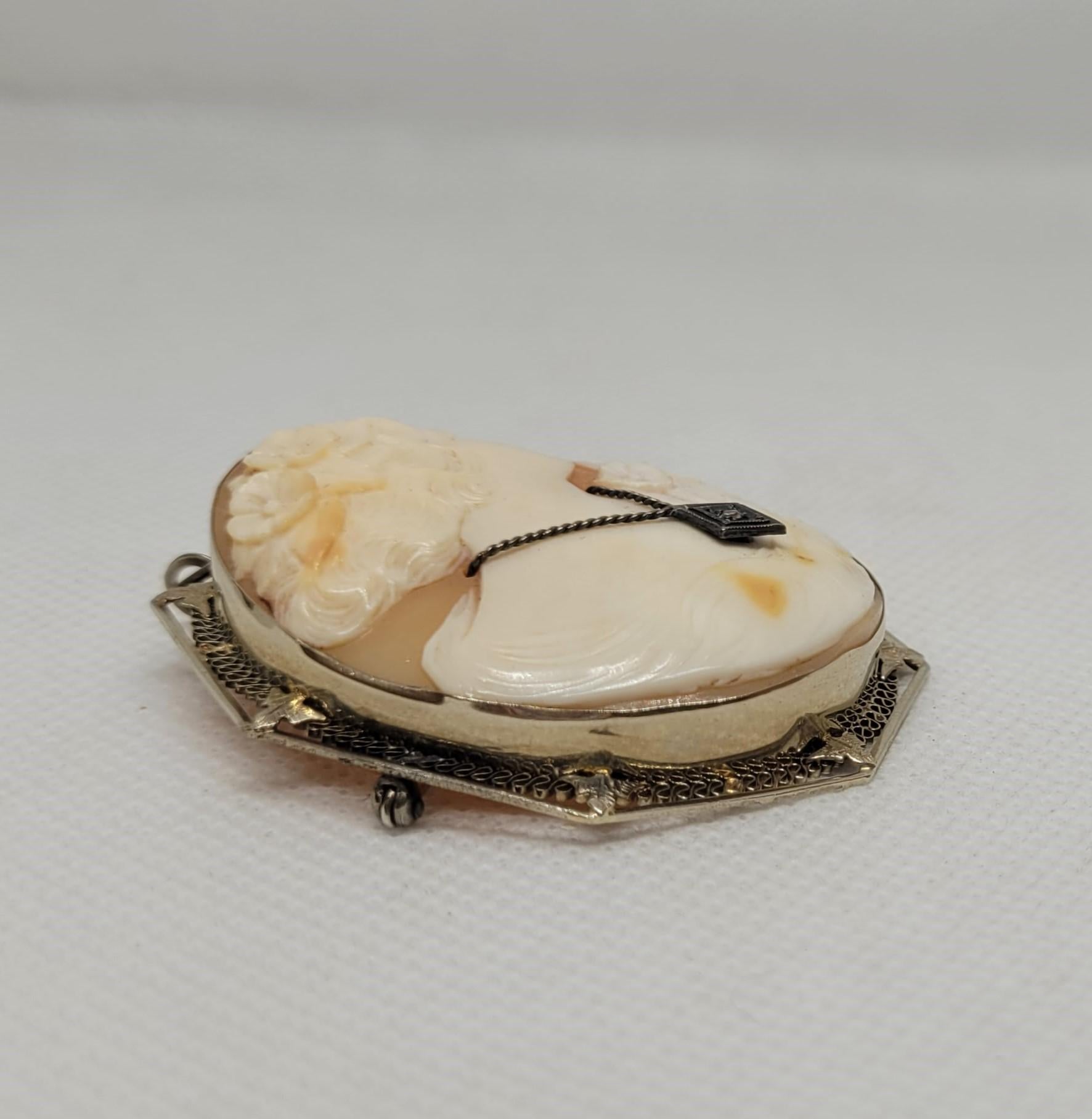 14kt White Gold Cameo Pin, Shell, Victorian Era, 19x15x10mm, Lady w/Single Cut For Sale 1