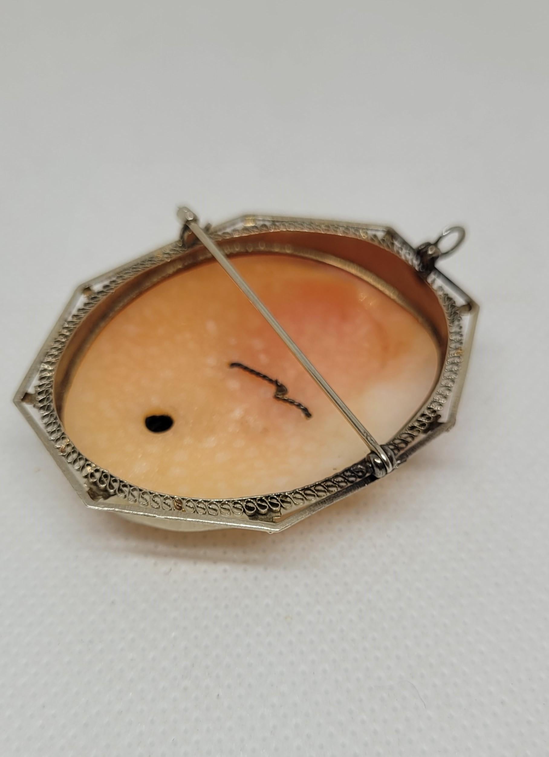 14kt White Gold Cameo Pin, Shell, Victorian Era, 19x15x10mm, Lady w/Single Cut For Sale 2