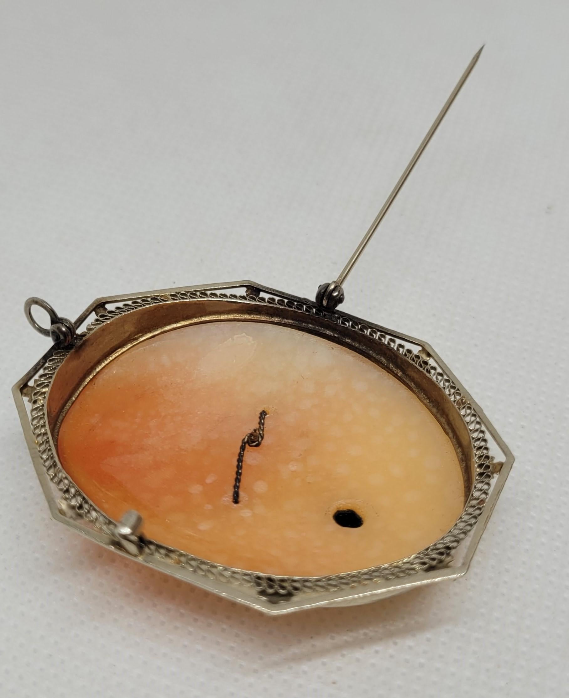 14kt White Gold Cameo Pin, Shell, Victorian Era, 19x15x10mm, Lady w/Single Cut For Sale 3