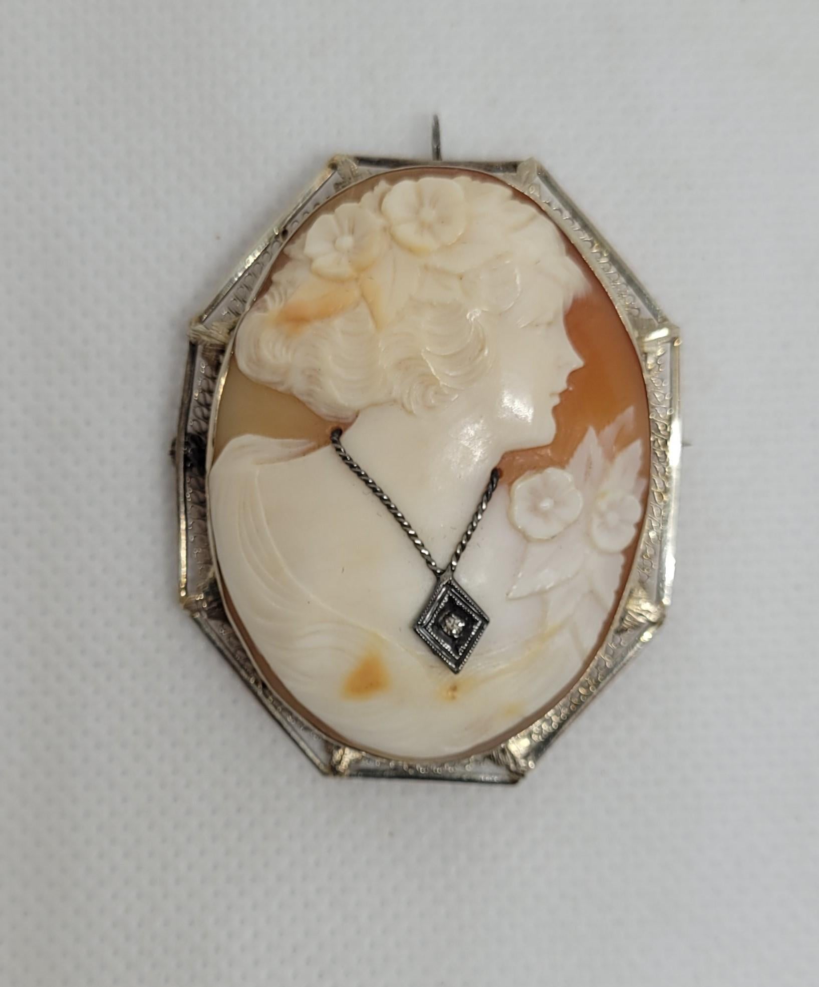 14kt White Gold Cameo Pin, Shell, Victorian Era, 19x15x10mm, Lady w/Single Cut For Sale 4