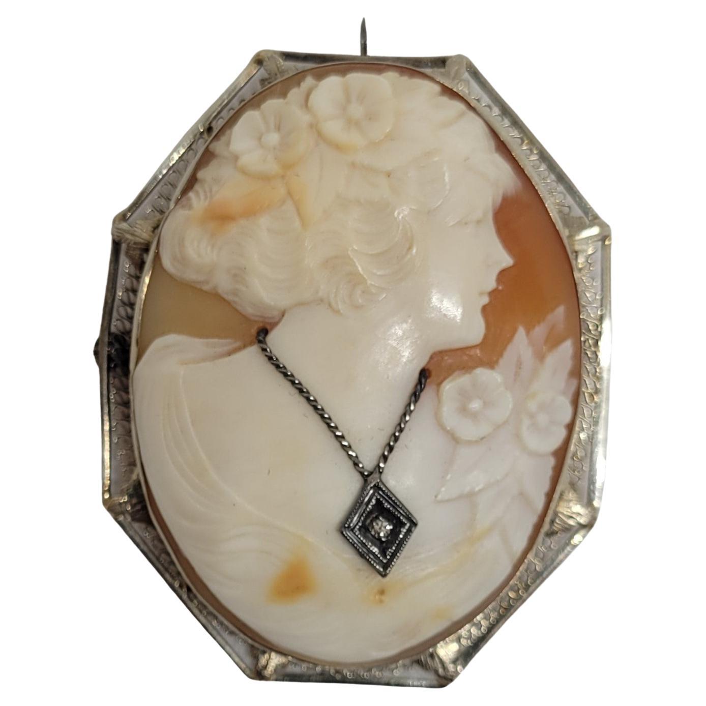 14kt White Gold Cameo Pin, Shell, Victorian Era, 19x15x10mm, Lady w/Single Cut For Sale